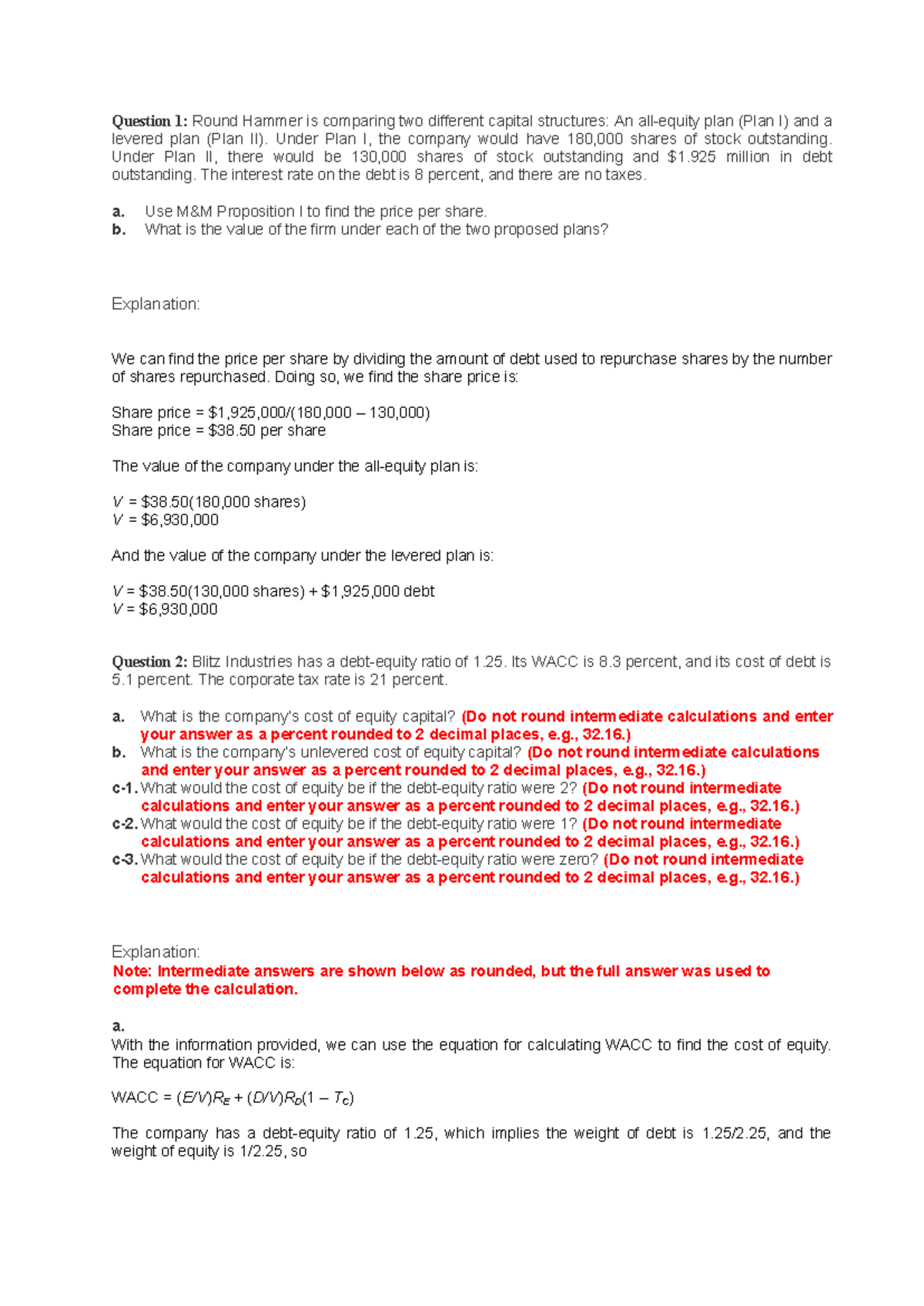 Capital Structure Analysis: Exercise Questions & Explanations - Studocu