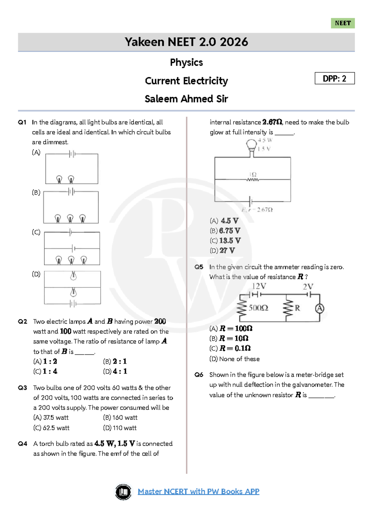 NEET 2.0 2026 Physics Current Electricity DPP 02 by Saleem Ahmed - Studocu