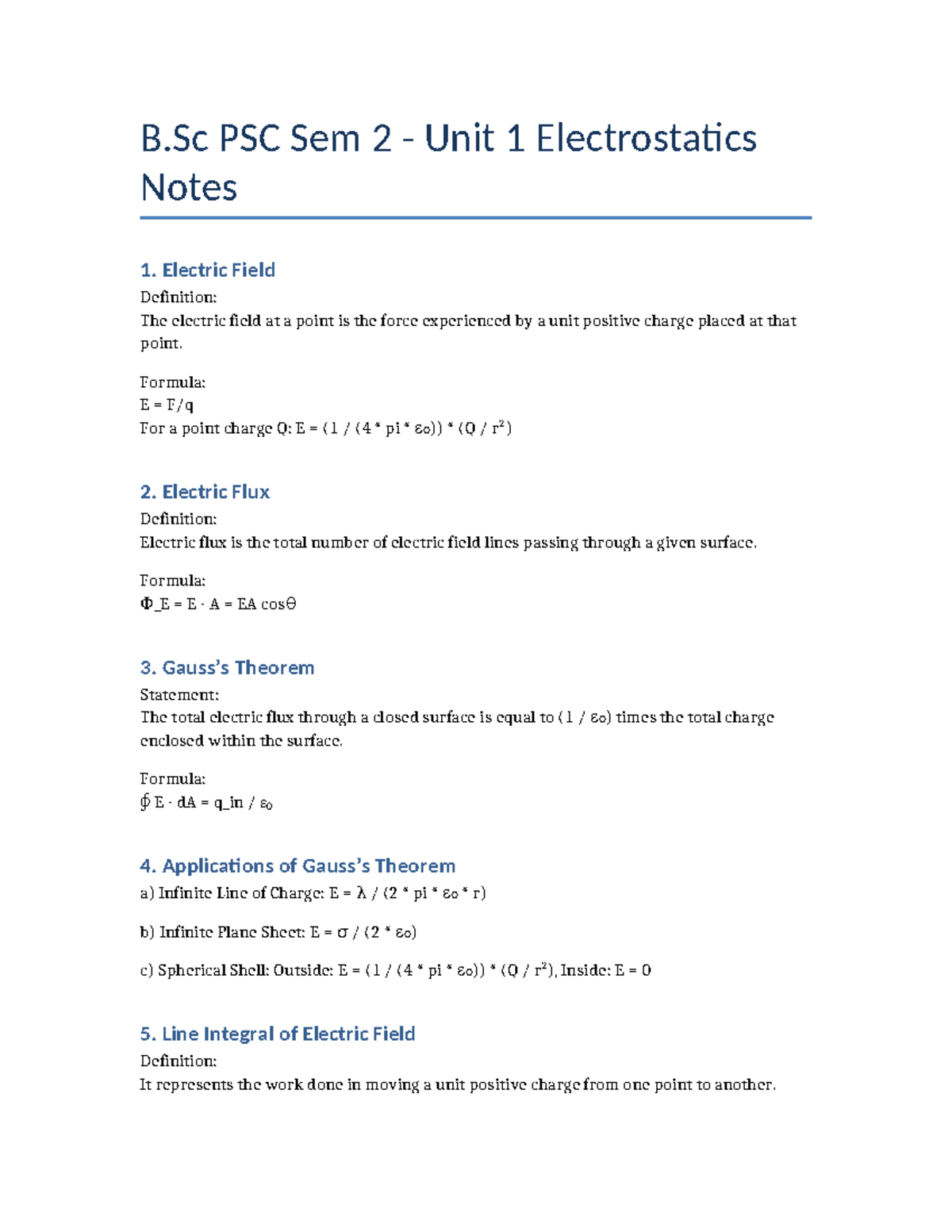 B.Sc PSC Sem 2 Unit 1 Electrostatics Comprehensive Notes - Studocu