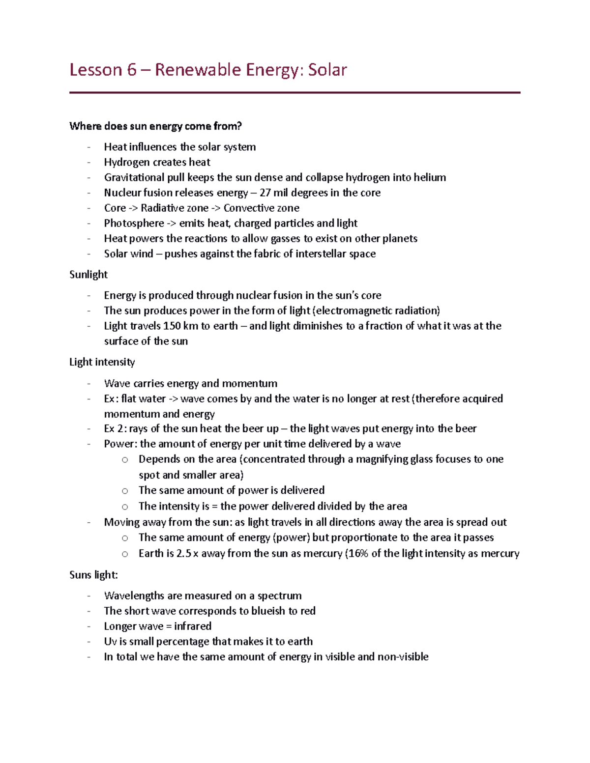 Lesson 6 Solar Energy - Lecture notes 6 - Lesson 6 – Renewable Energy ...