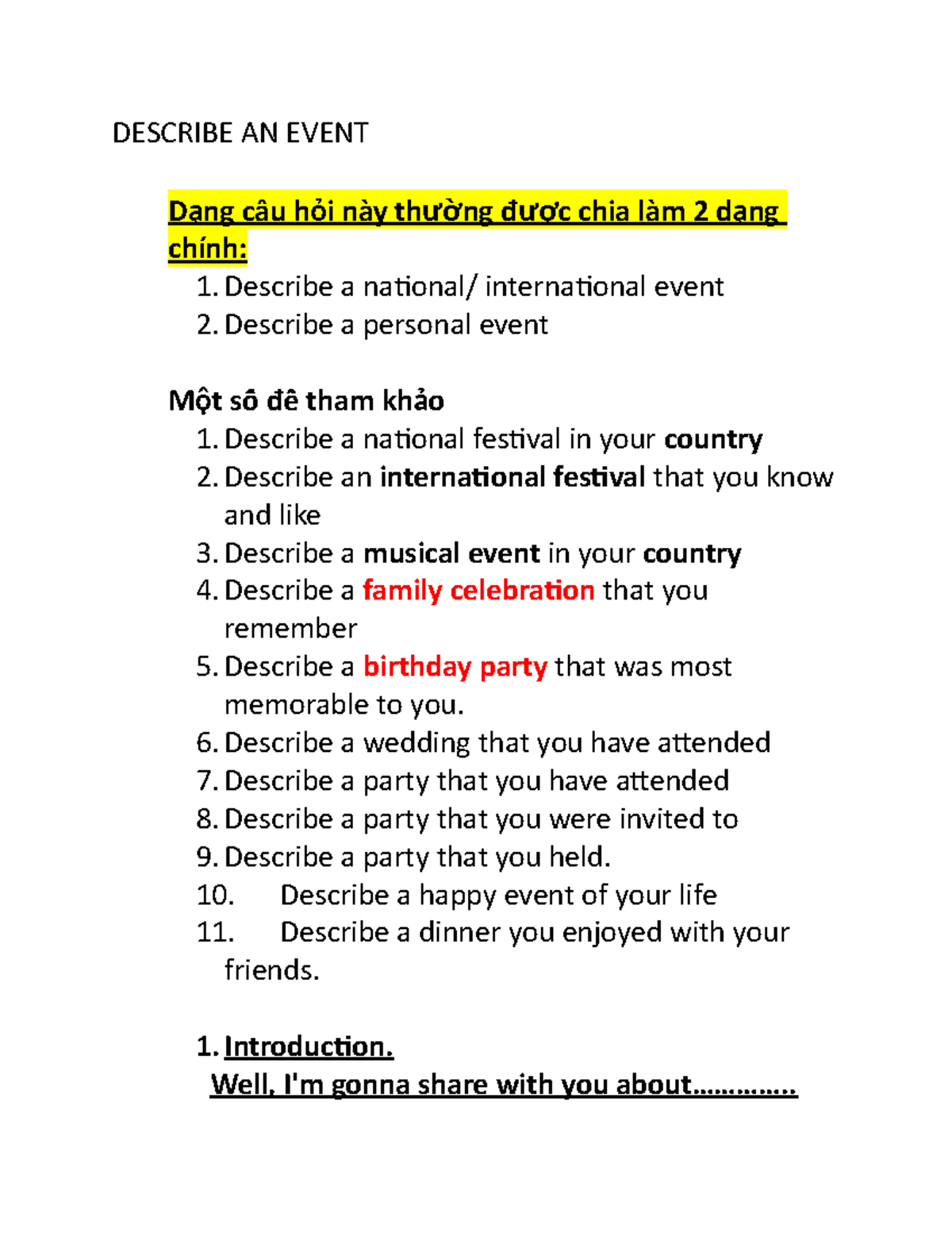 Describe an Event - National and Personal Celebrations Notes - Studocu