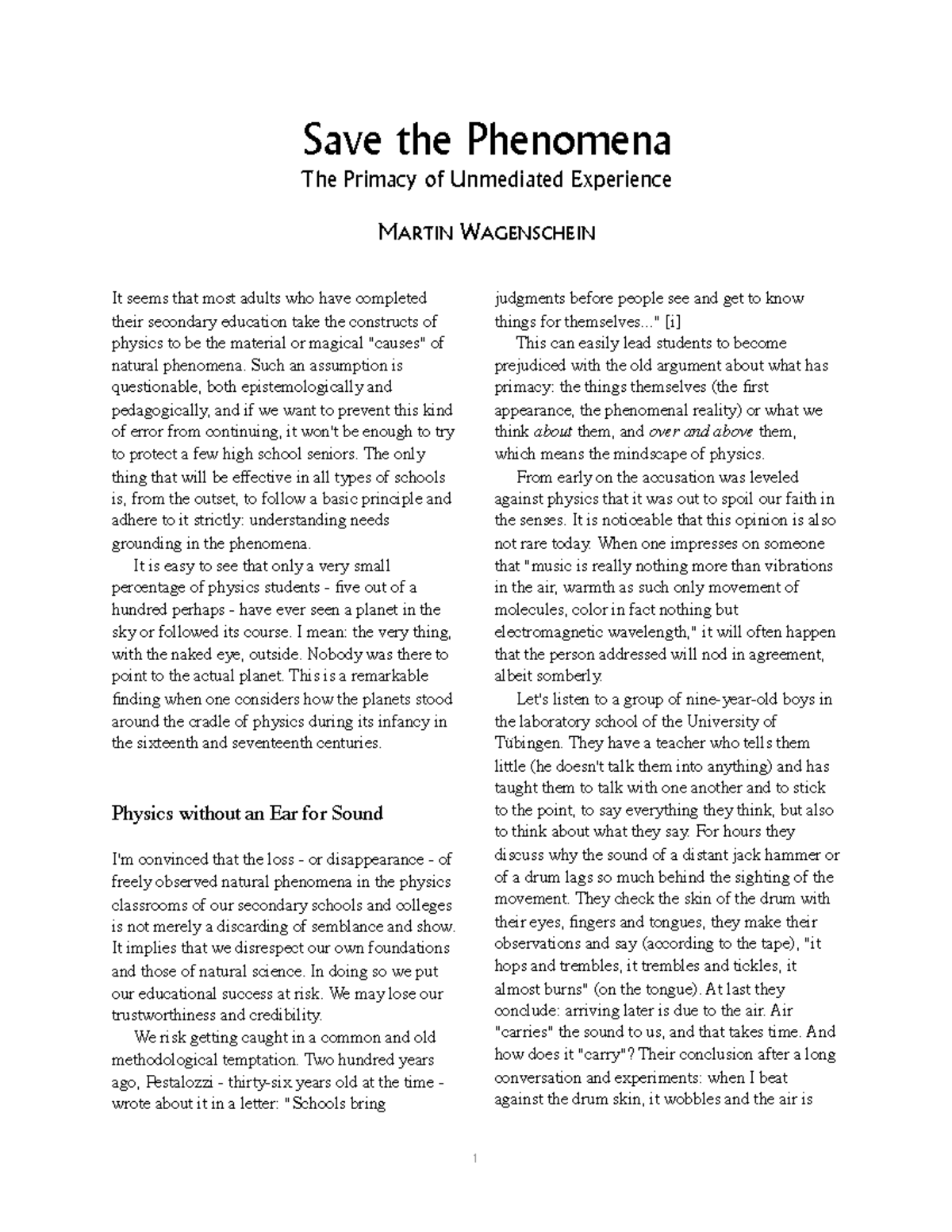 PHYS 101: Save the Phenomena - The Importance of Unmediated Experience ...