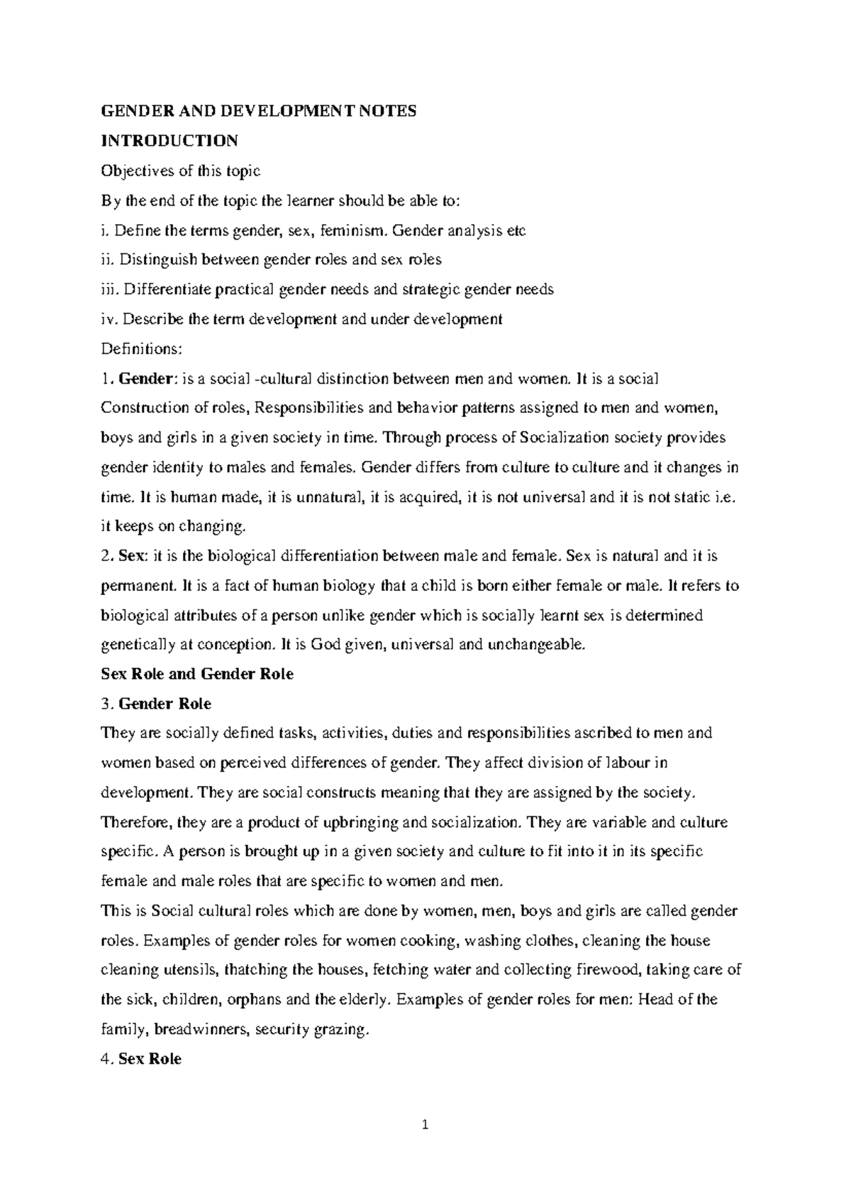 GENDER AND DEVELOPMENT NOTES: INTRODUCTION TO KEY CONCEPTS - Studocu