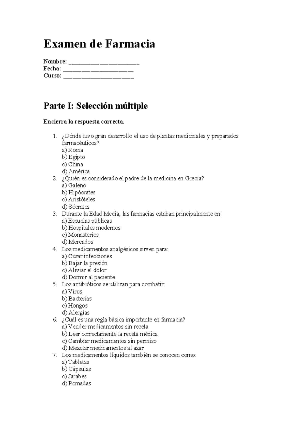 Examen de Farmacia - Selección Múltiple y Verdadero/Falso - Studocu