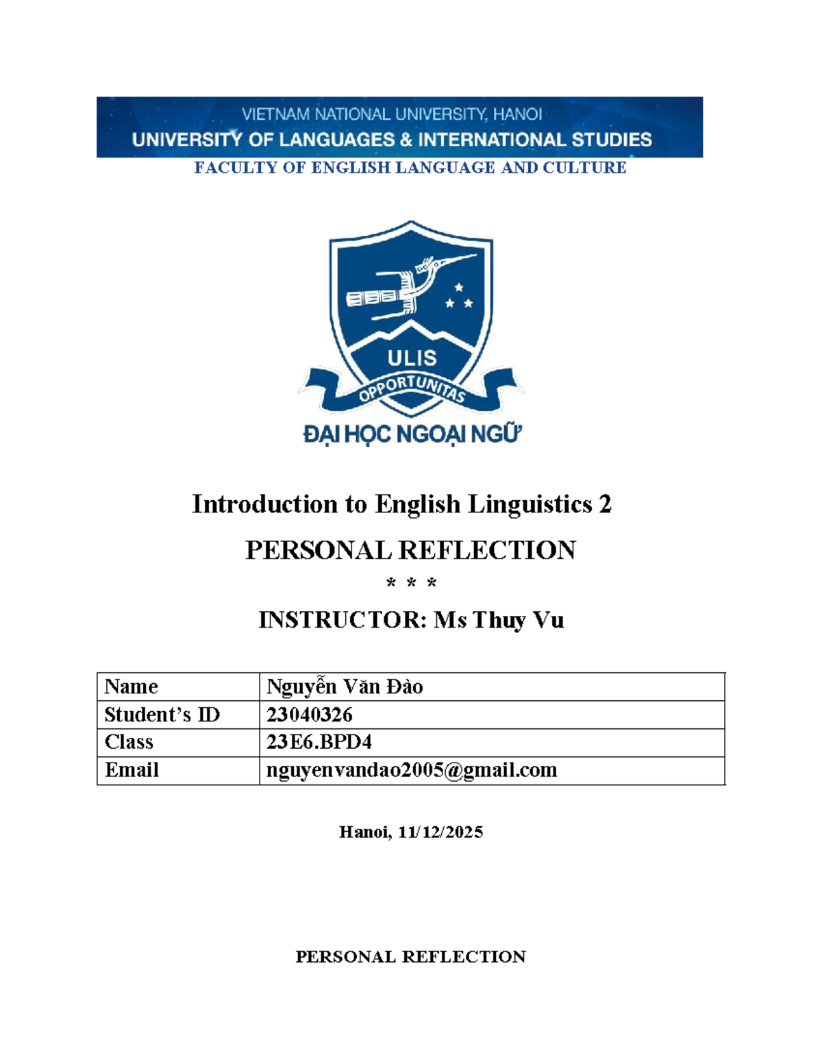 LING 2: Personal Reflection on English Linguistics - Studocu