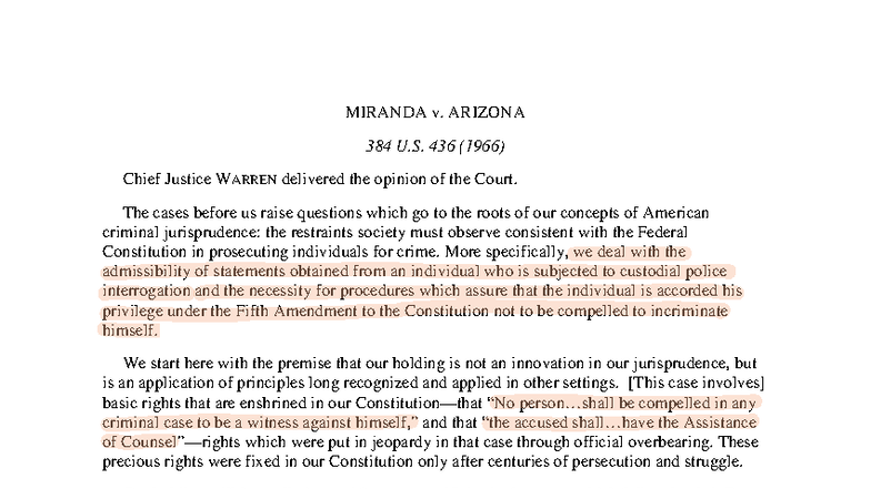 MIRANDA v. ARIZONA: Supreme Court Ruling on Custodial Interrogation ...