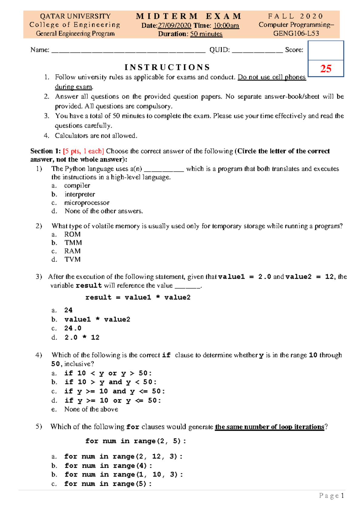 [Fall 2020] - GENG106-L Midterm Exam Questions & Instructions - Studocu
