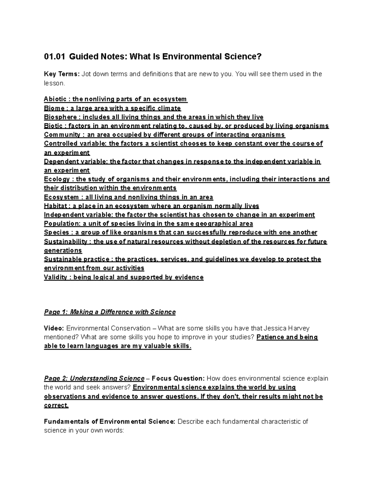 ES 1.01 Guided Notes: Key Terms in Environmental Science - Studocu
