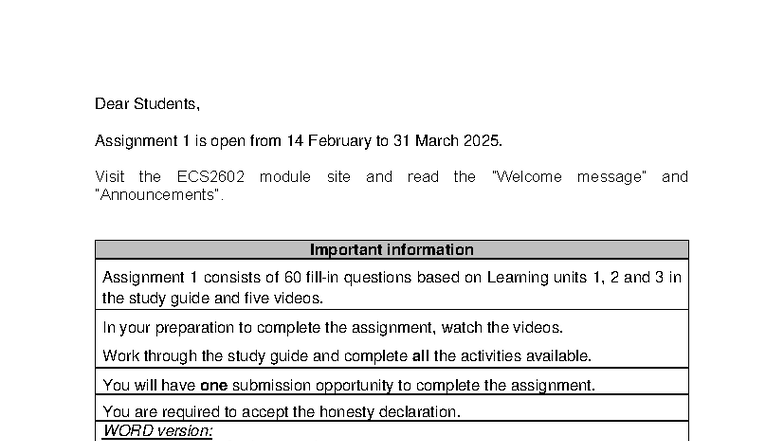 ECS2602 Assignment 1 Details and Submission Guidelines - Studocu