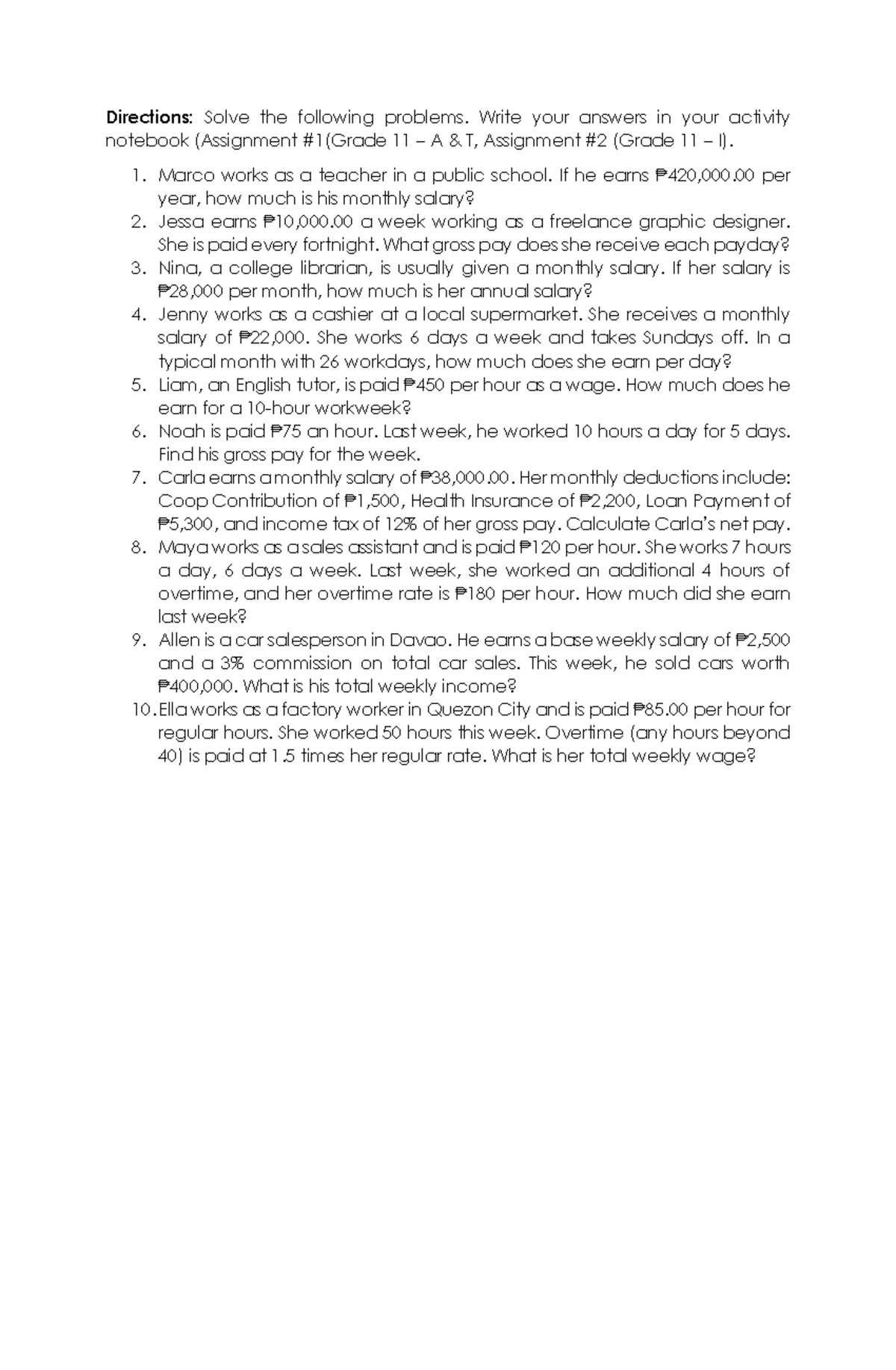 Gen Math 11 - Assignment 11 A T: Salary Calculation Problems - Studocu