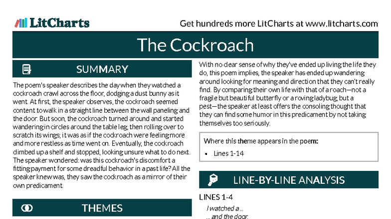 LitCharts Summary: The Cockroach Poem Analysis - Studocu