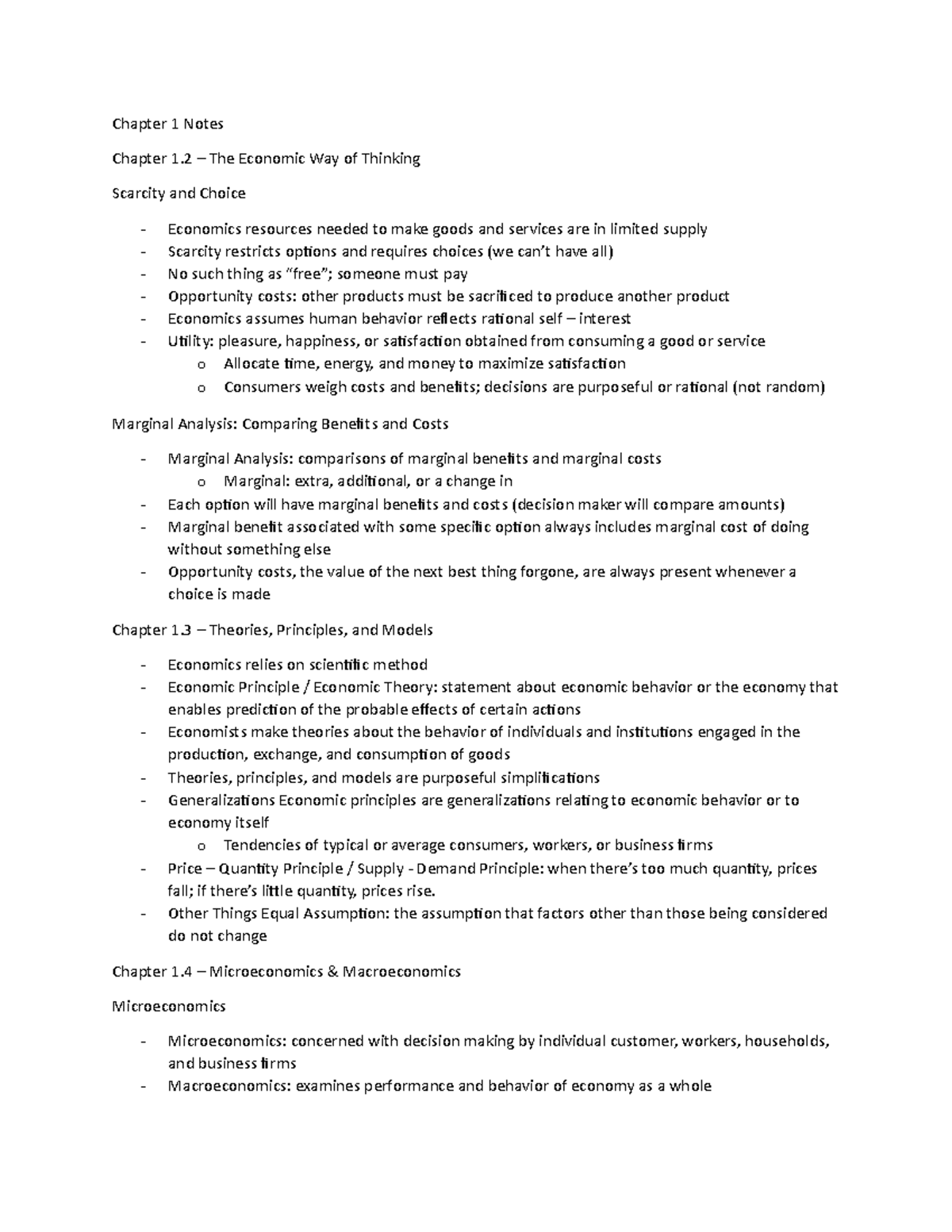 Chapter 1 Notes - Chapter 1 Notes Chapter 1 – The Economic Way of ...