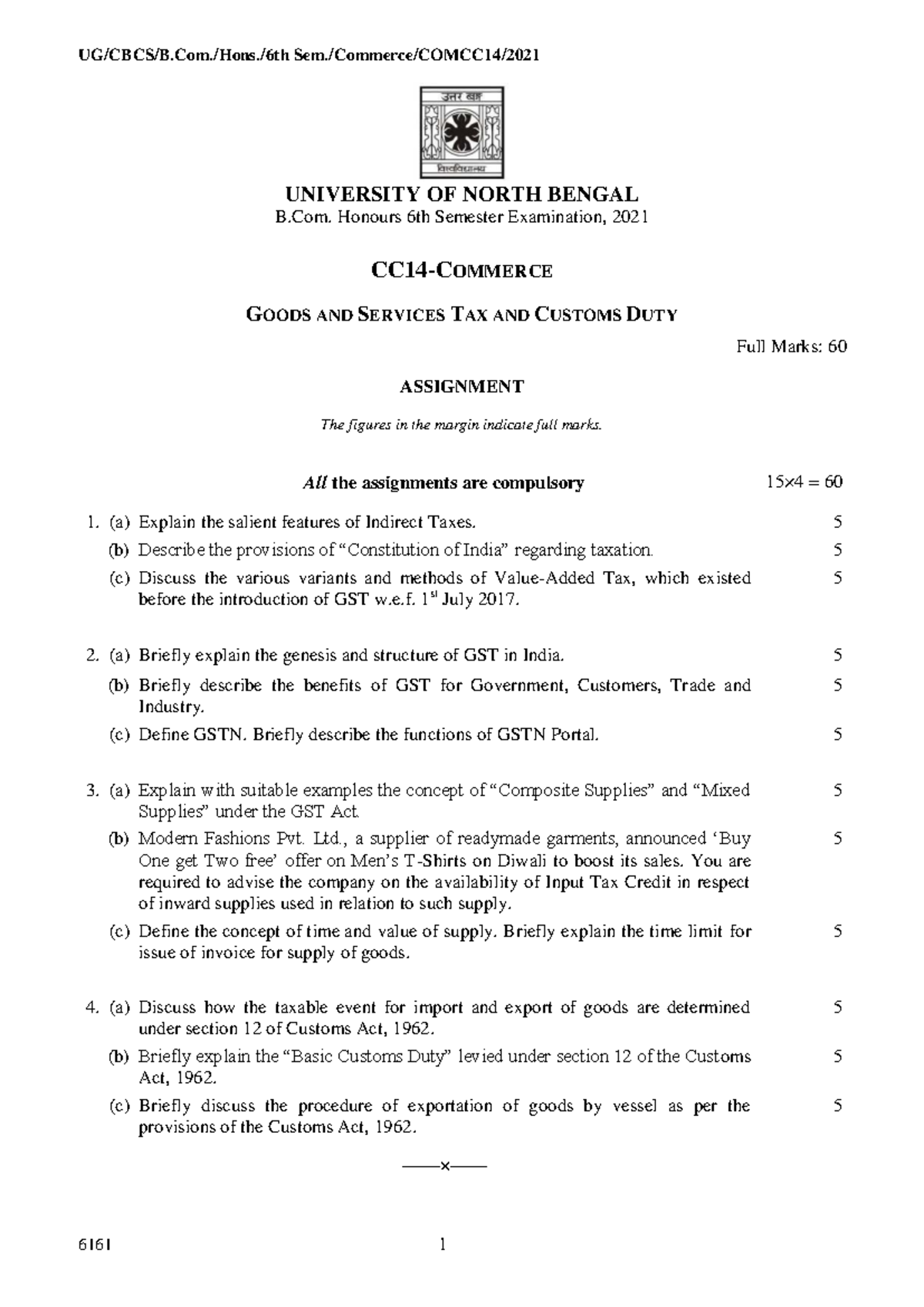 B.Com. 6th Sem. GST & Customs Duty Assignment - 2021 Exam PYQ - Studocu