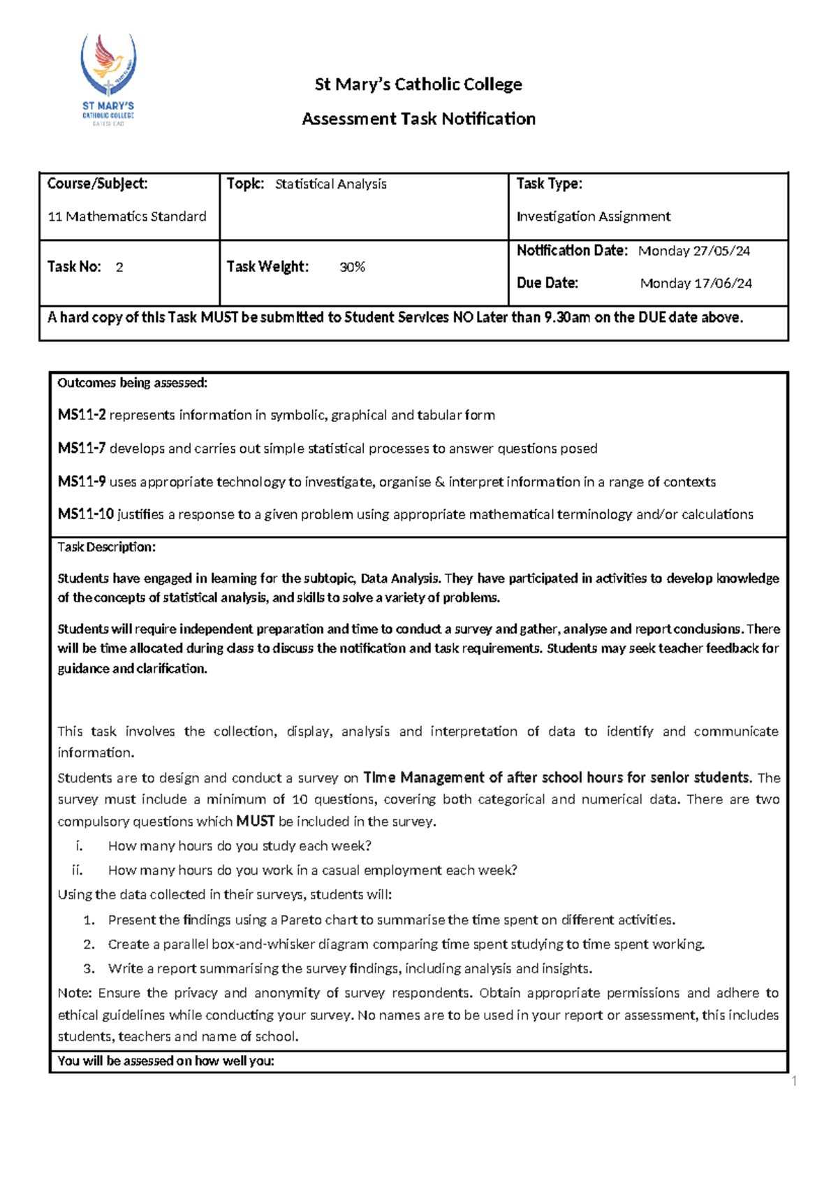 11Mathematics Standard Task 2 2024 Notification & task - St Mary’s ...