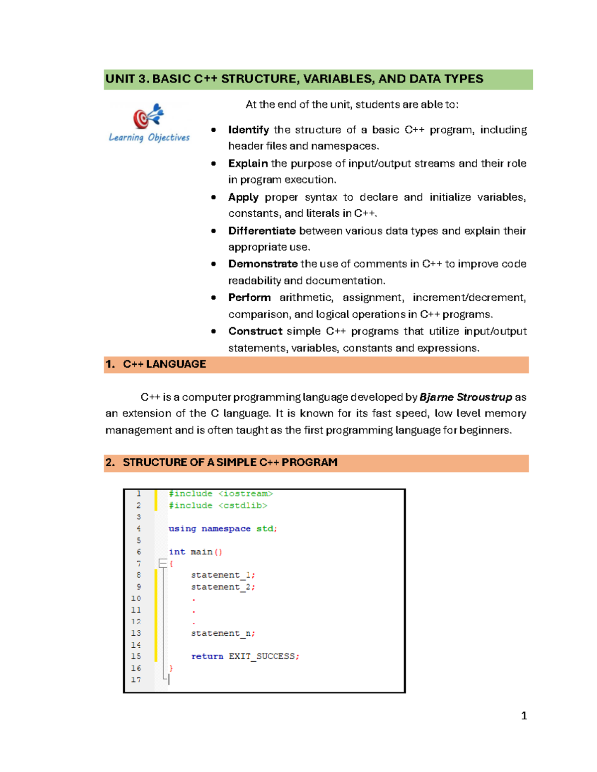 Unit 3: Basic Structure, Variables, and Data Types in Programming - Studocu