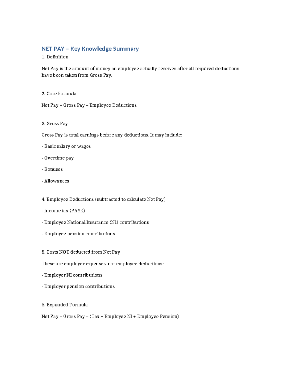 NET PAY Key Knowledge Summary: Definitions & Formulas - Studocu