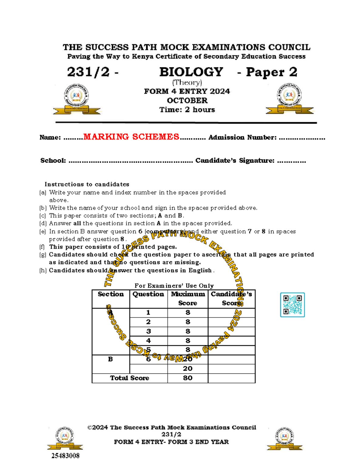 FORM 4 Biology PP2 Mock Exam Paper with Marking Scheme - Studocu