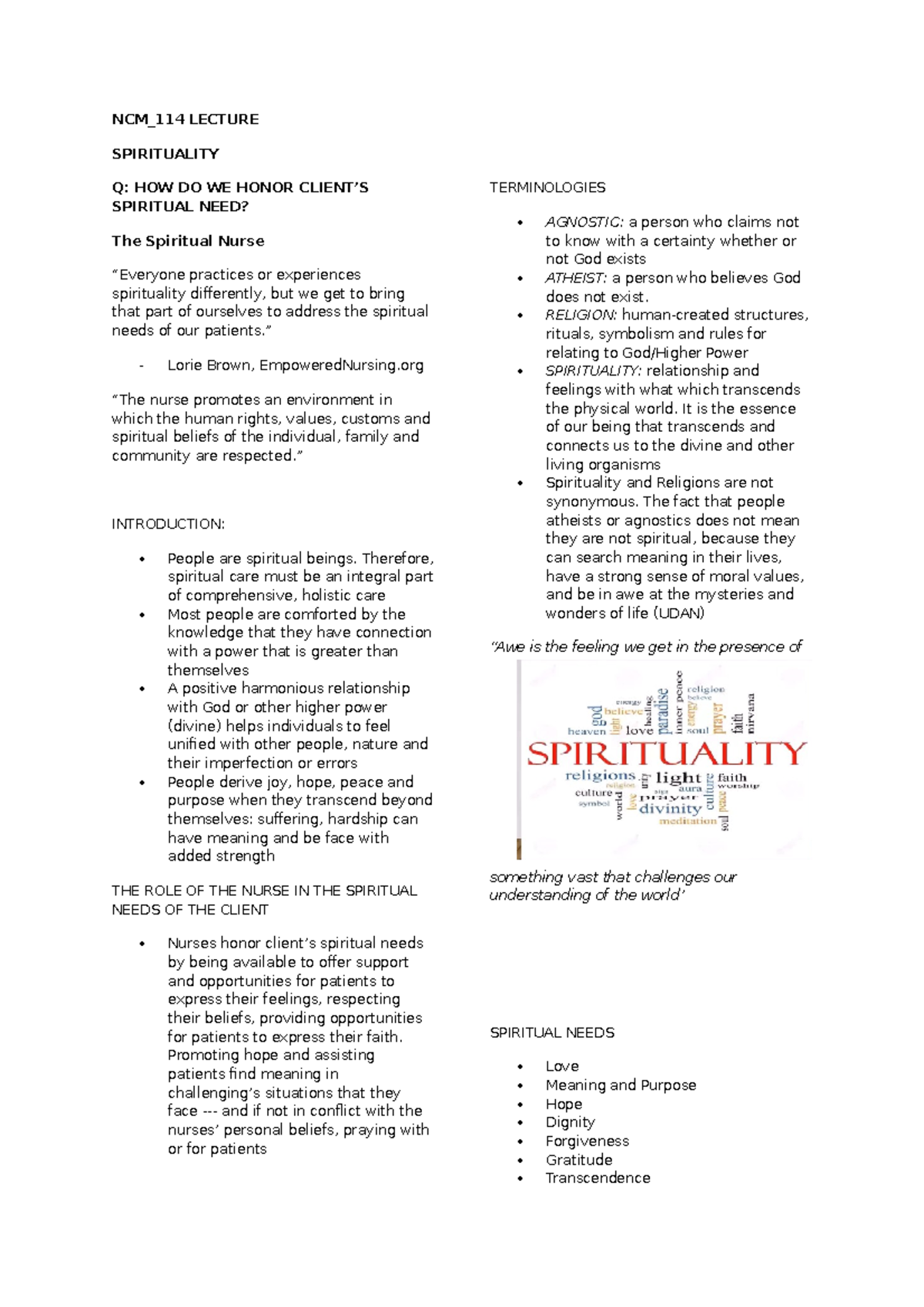 NCM 114 - Lecture Notes on Spirituality and Patient Care Needs - Studocu