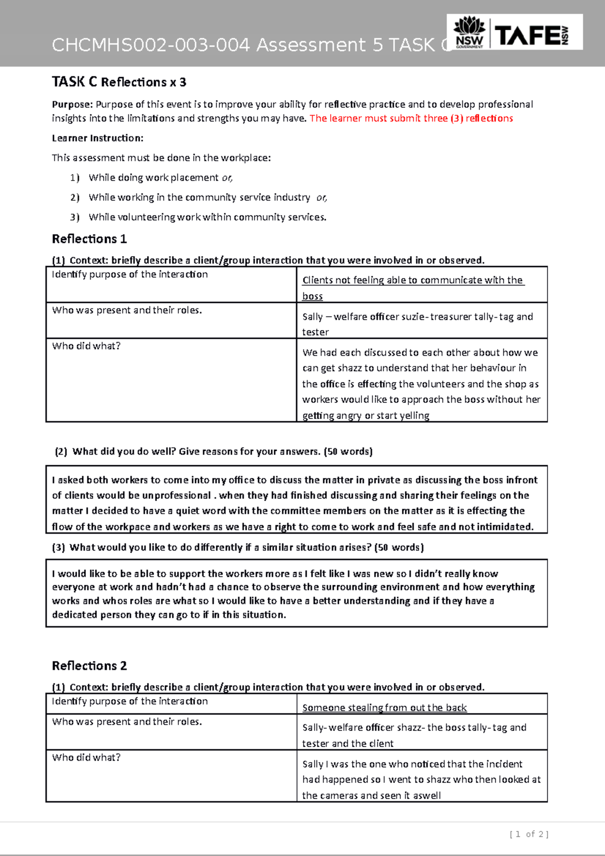 CHCMHS002-004 Task C Reflections on Client Interactions and Practice ...
