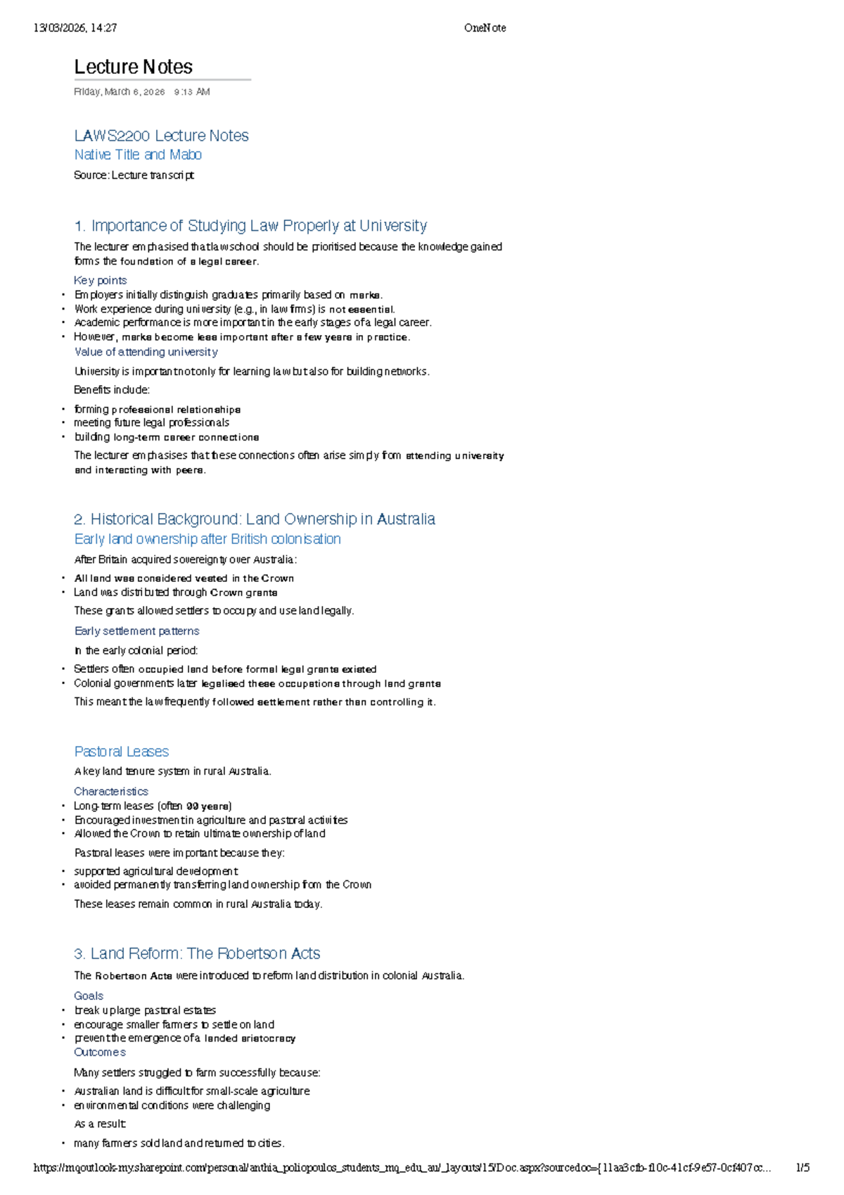 LAWS2200 Lecture Notes: Native Title and Mabo Overview - Studocu