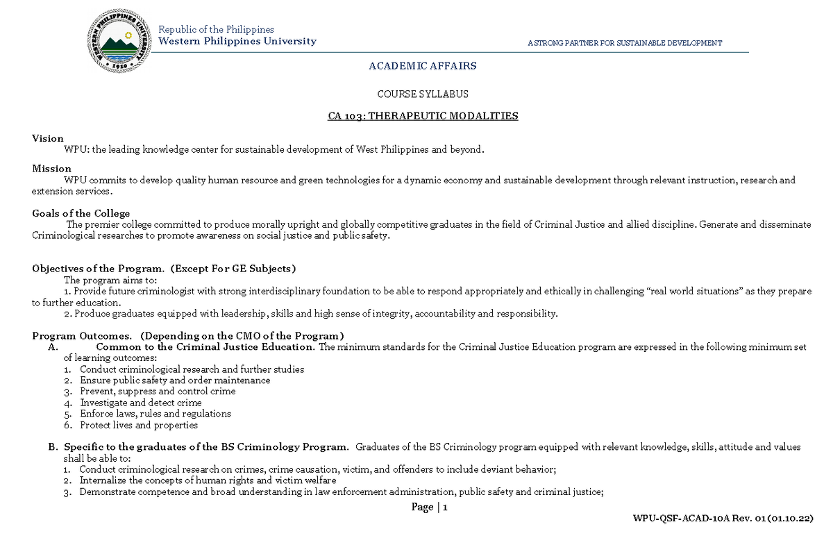 CA 103 Therapeutic Modalities Syllabus for 1st Sem AY 2022-2023 - Studocu