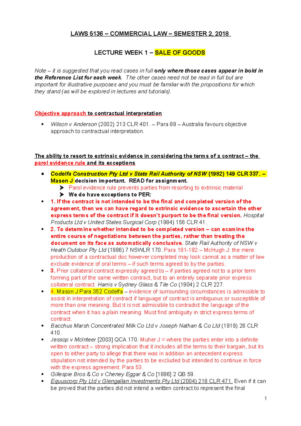 Lecture 1 Notes for LAWS5136: Sale of Goods in Commercial Law - Studocu