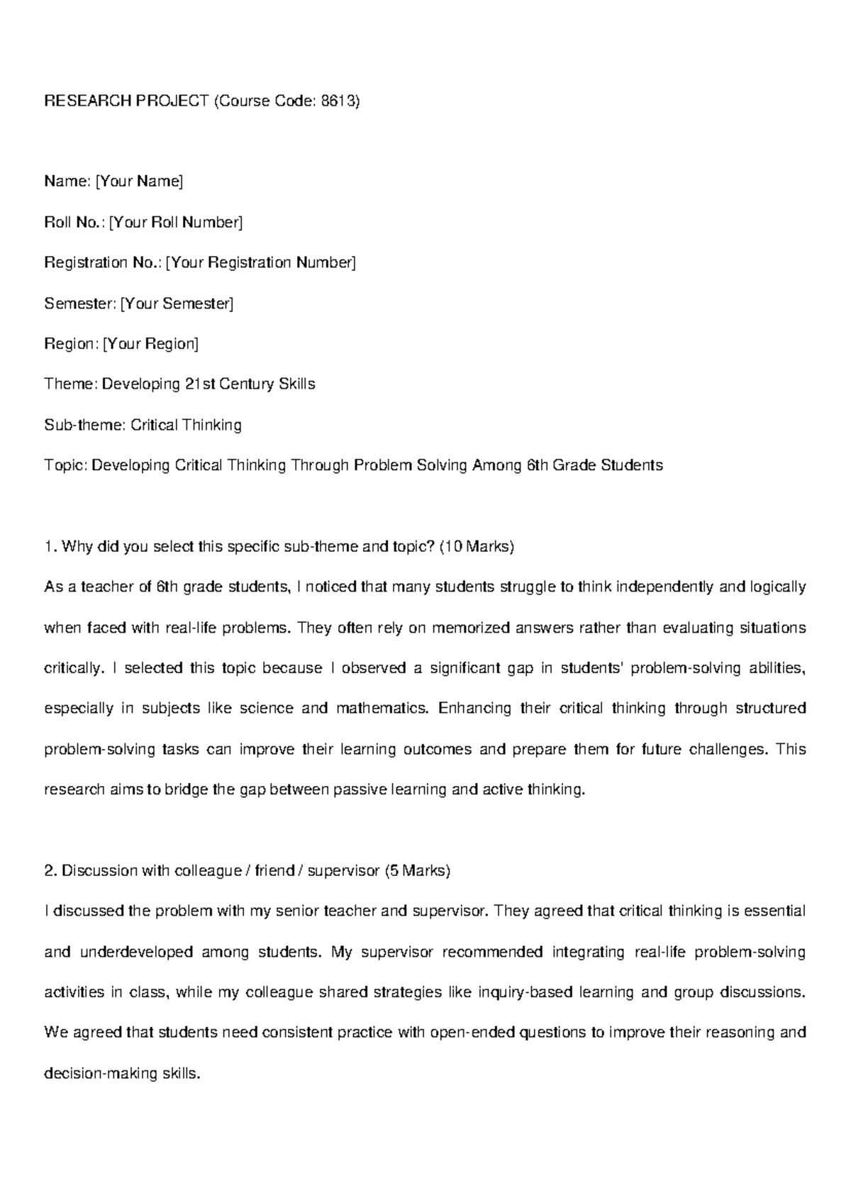 Developing Critical Thinking Skills in 6th Grade Students (Course Code ...