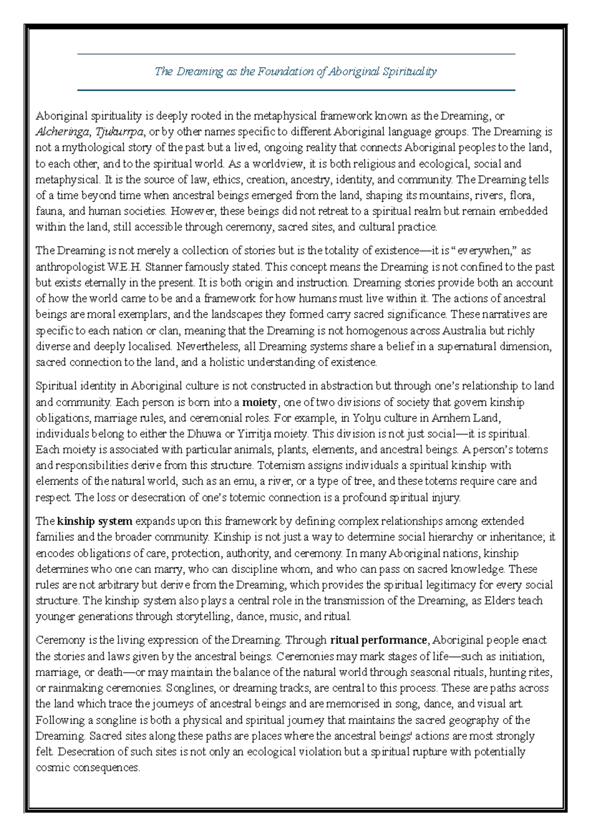 CHAT GPT SOR Notes: The Dreaming in Aboriginal Spirituality - Studocu