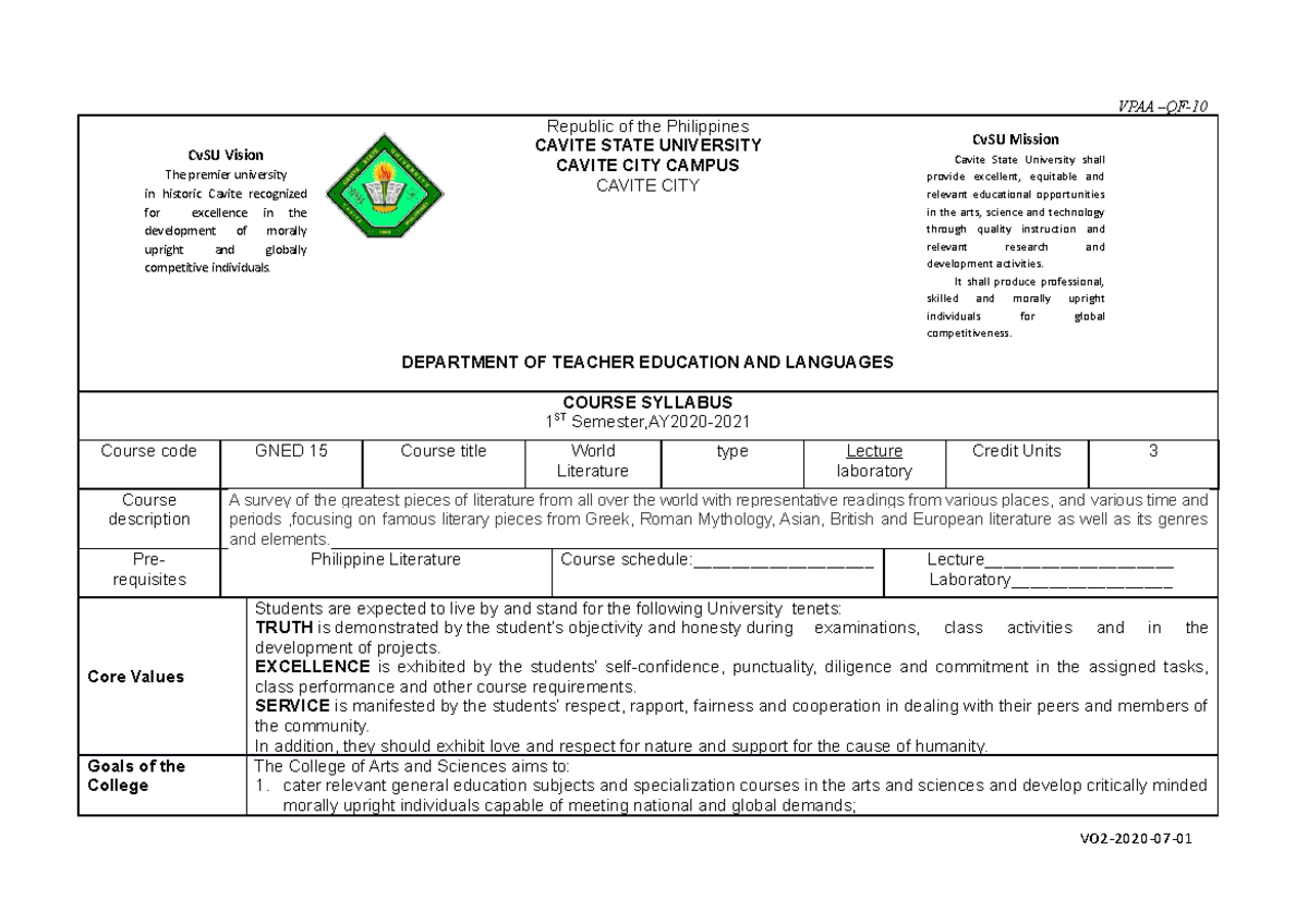 GNED 15: Comprehensive Lecture Syllabus on World Literature - Studocu