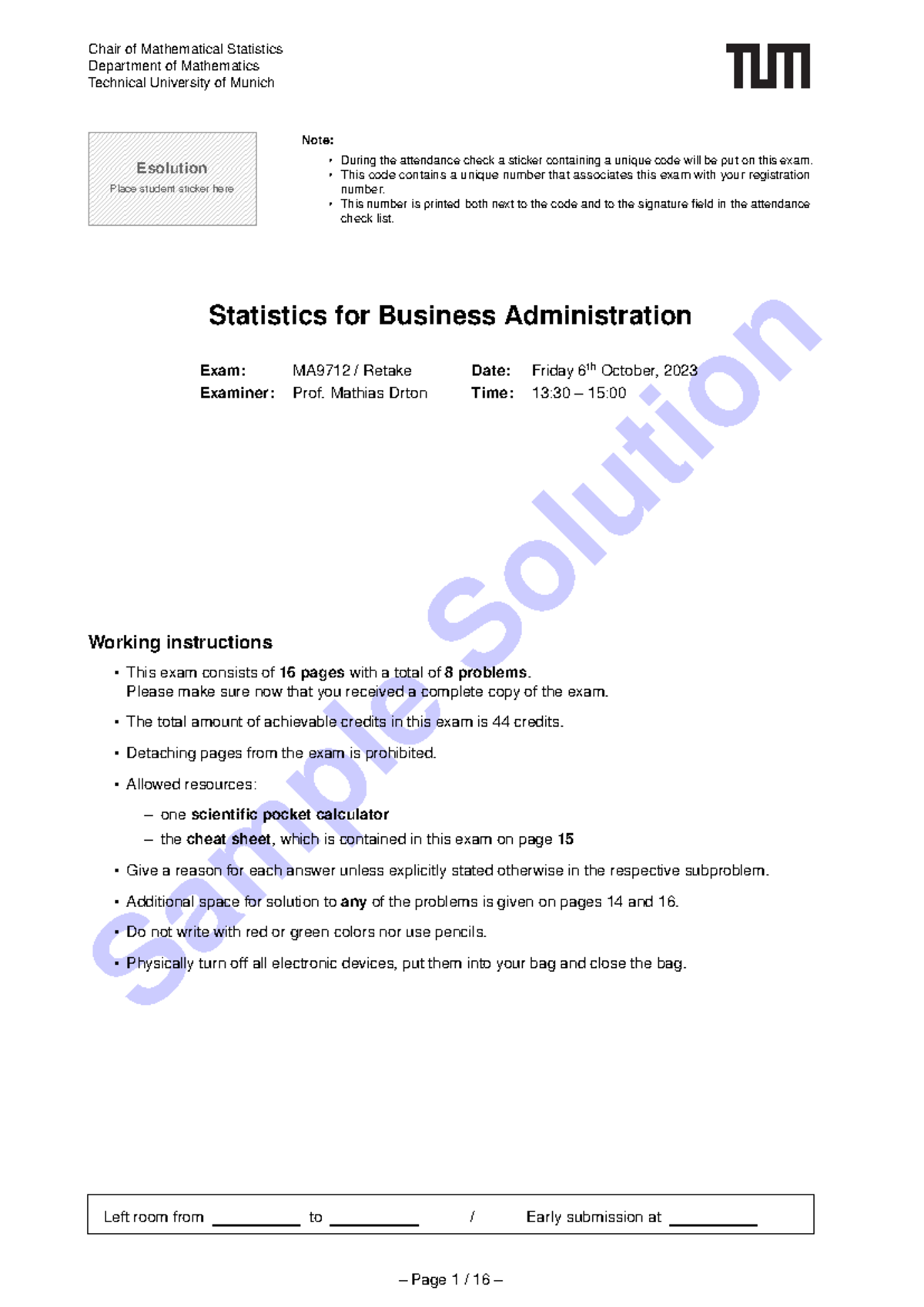 Statistics retake solution - Sample Solution Chair of Mathematical ...