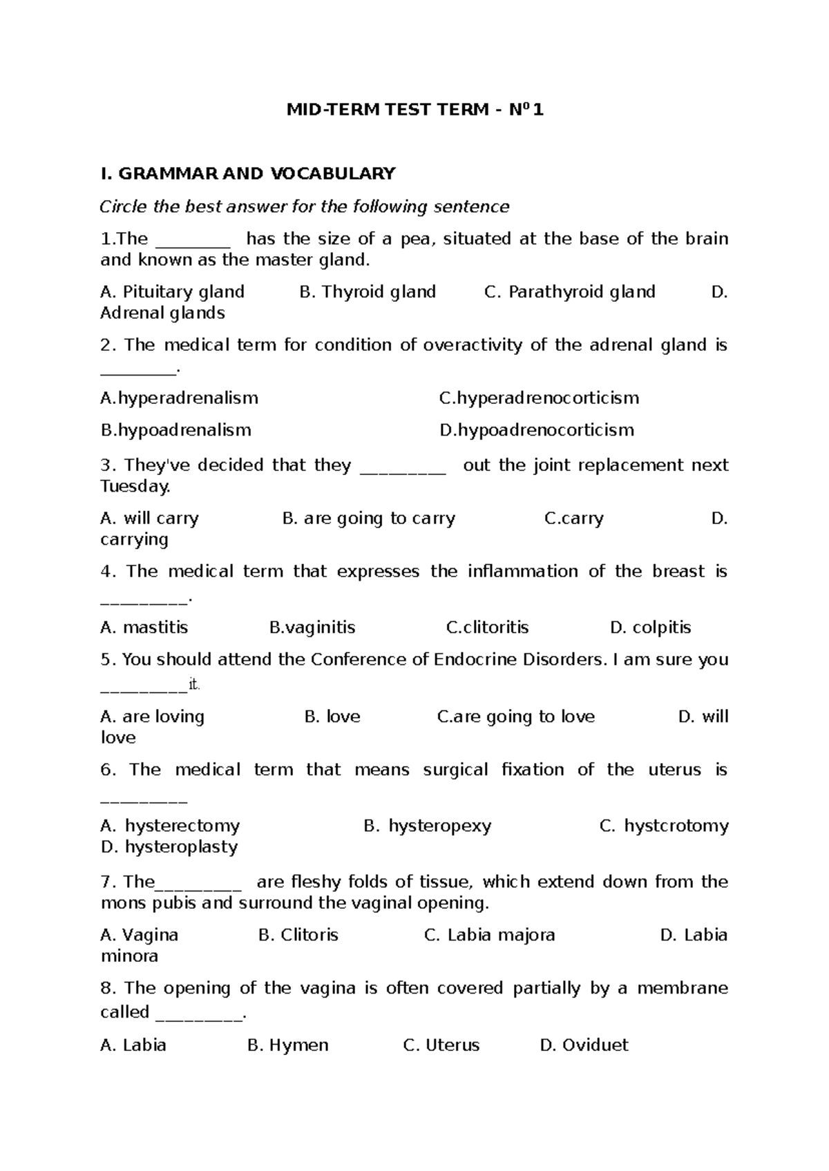 TEST TERM NO 1: GRAMMAR & VOCABULARY REVIEW - Studocu