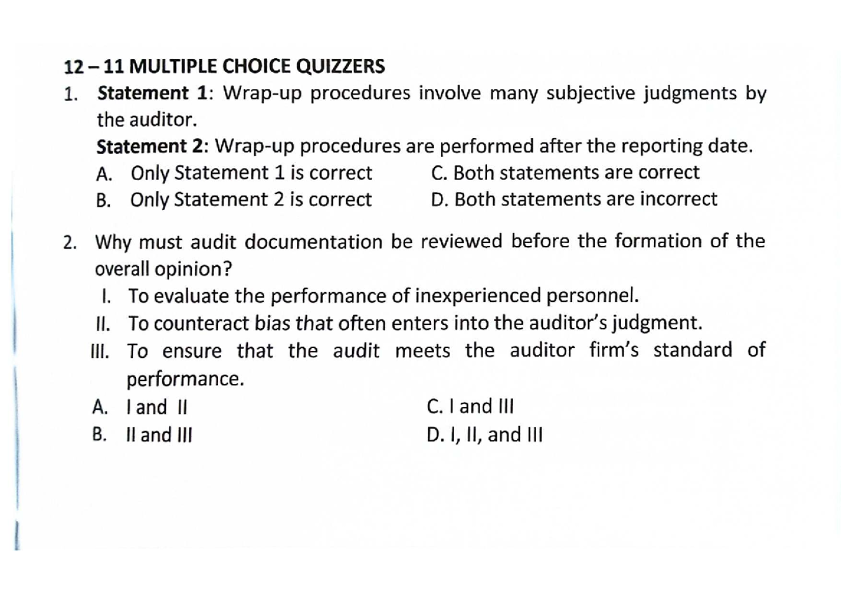 12 11 MULTIPLE CHOICE QUIZ ON AUDIT PROCEDURES AND DOCUMENTATION - Studocu