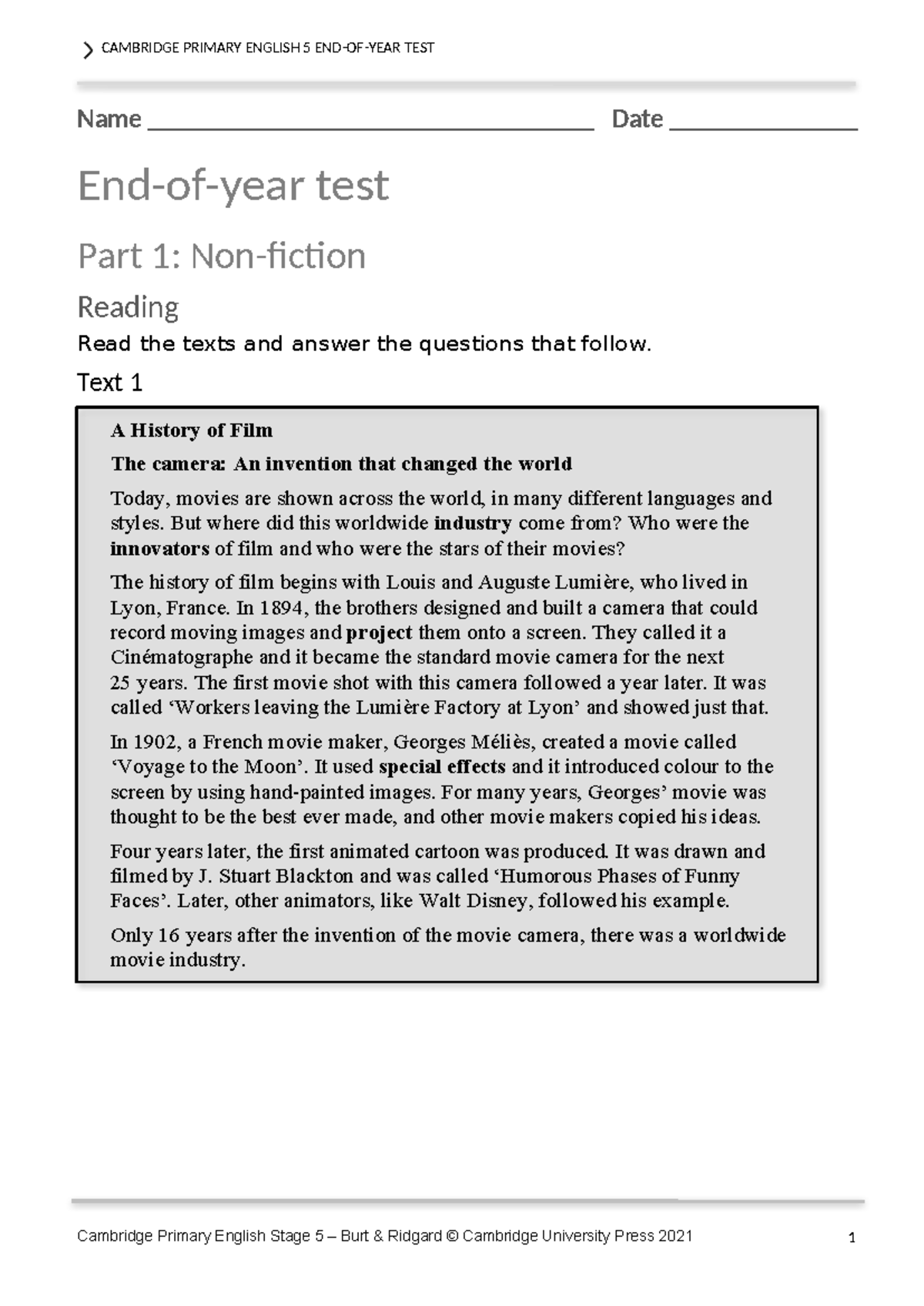 CAMBRIDGE PRIMARY ENGLISH 5 TEST: Film History & Fiction Reading - Studocu