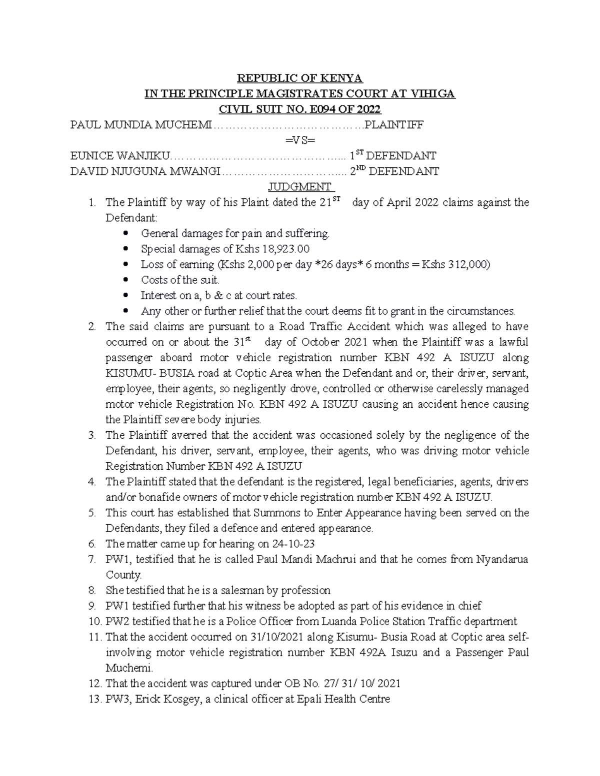 Civil Suit No. E094 of 2022: Judgment on Road Traffic Accident Case ...