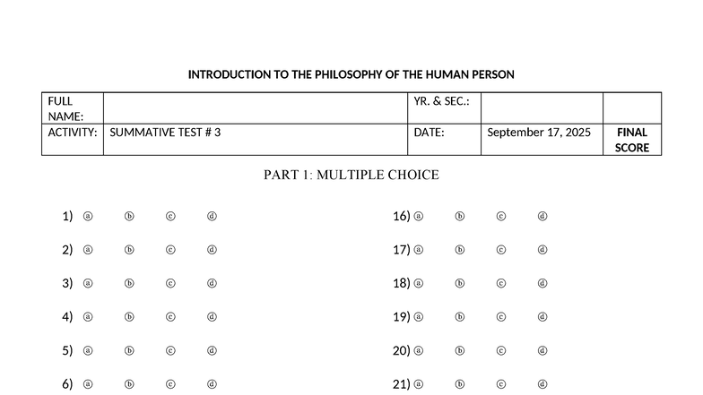 PHIL 101: Summative Test on Philosophy of the Human Person - Studocu