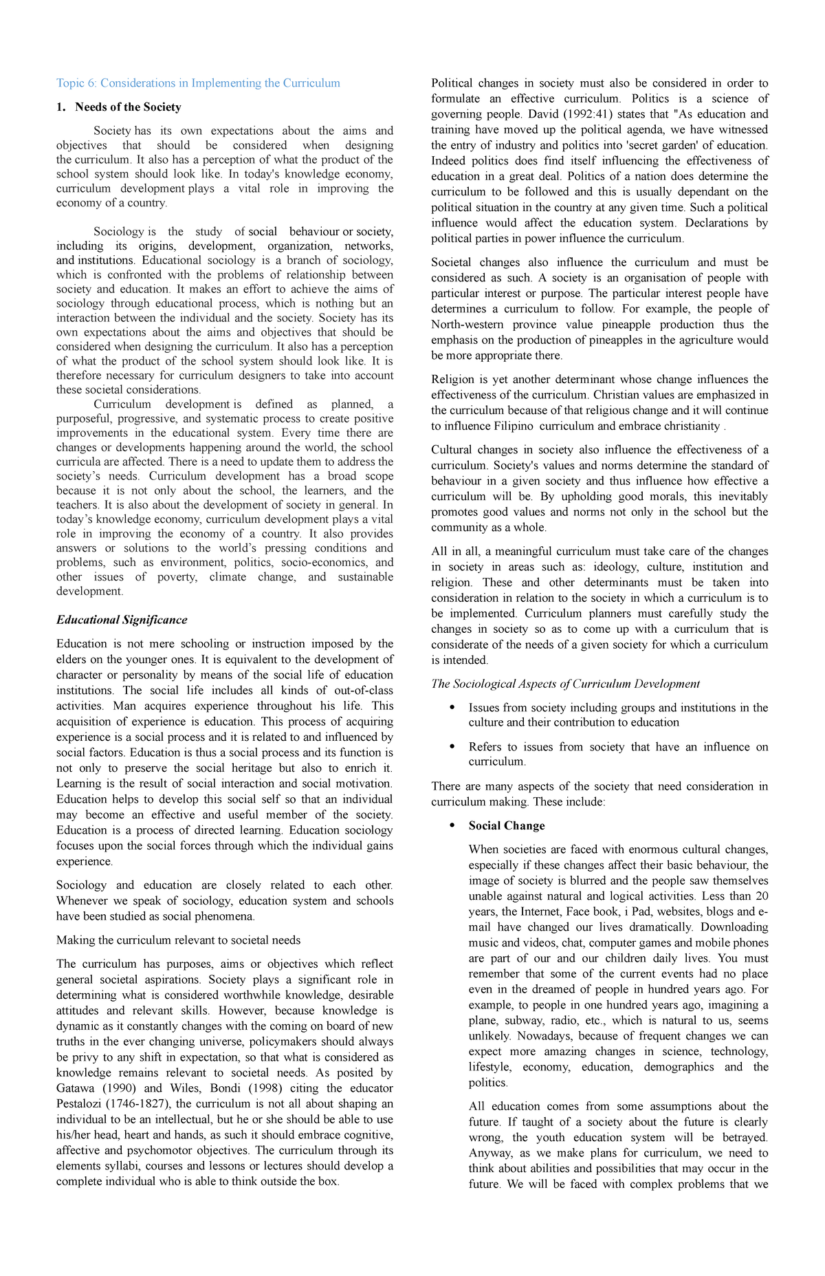 Unit 2 Topic 6: Key Considerations for Effective Curriculum ...