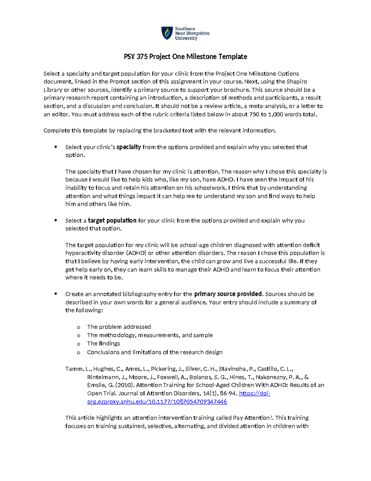 PSY 375 Final Project One Milestone Focus on ADHD Interventions Studocu