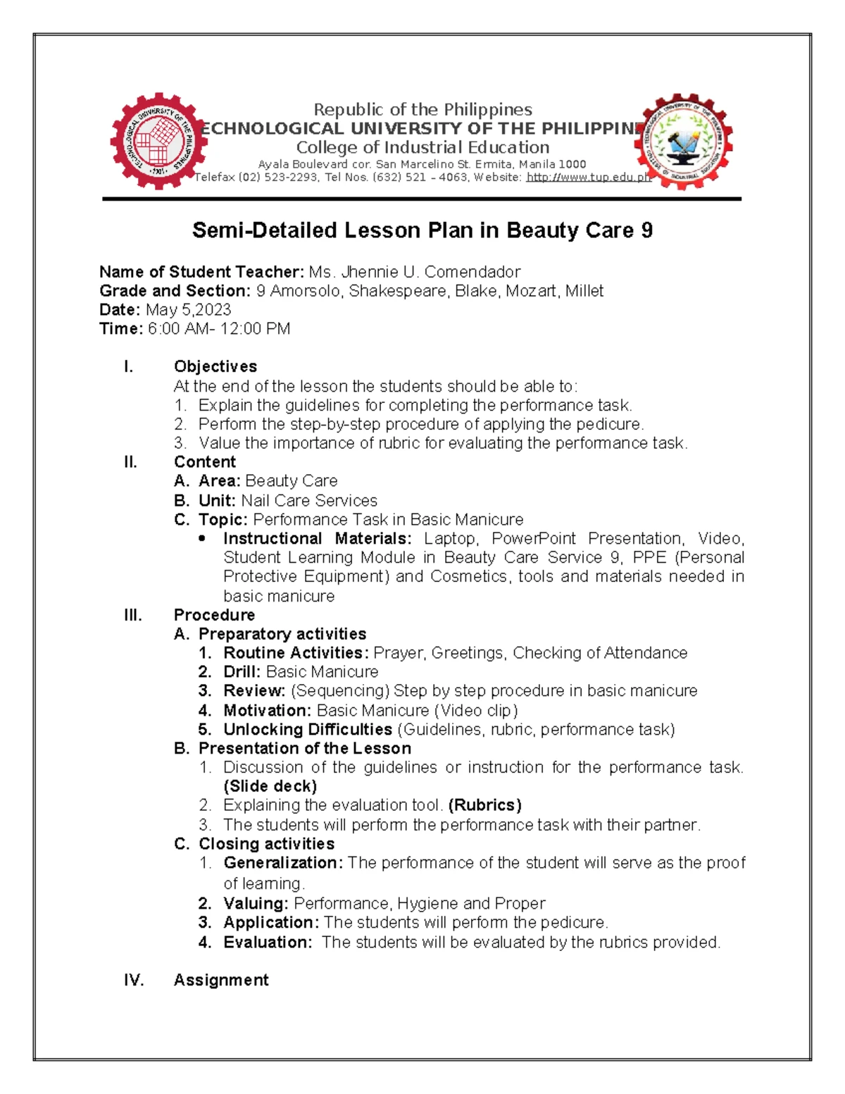Lesson Plan for Nail Care - Republic of the Philippines TECHNOLOGICAL ...