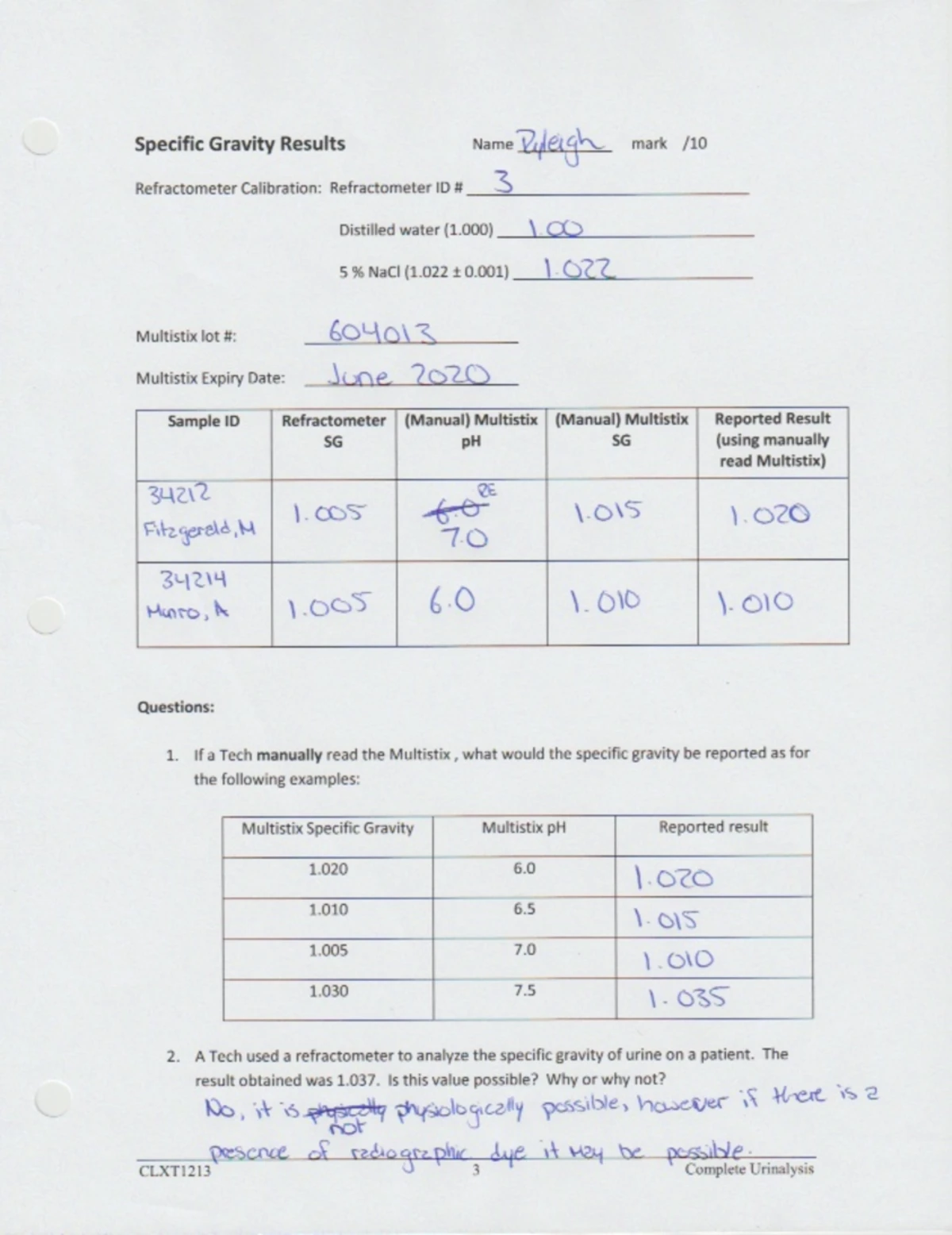 Lab #2 - Clinical Chemistry and urinalysis completed lab worksheets ...