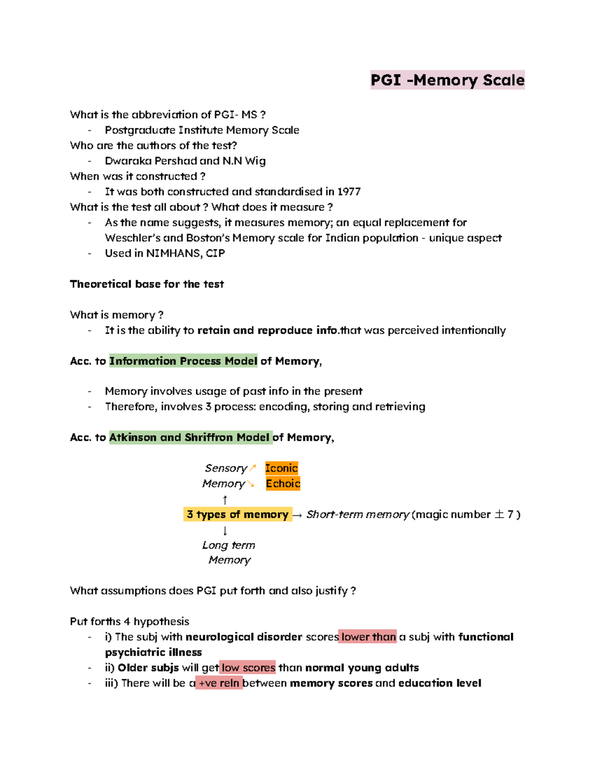 PGI-MS Overview: Memory Assessment and Psychometric Properties - Studocu