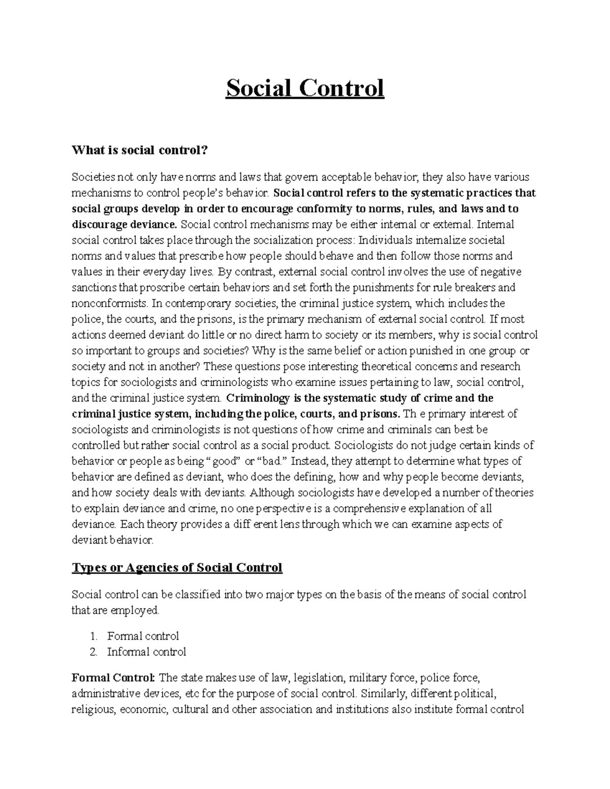 Social Control - Social Control What is social control? Societies not ...