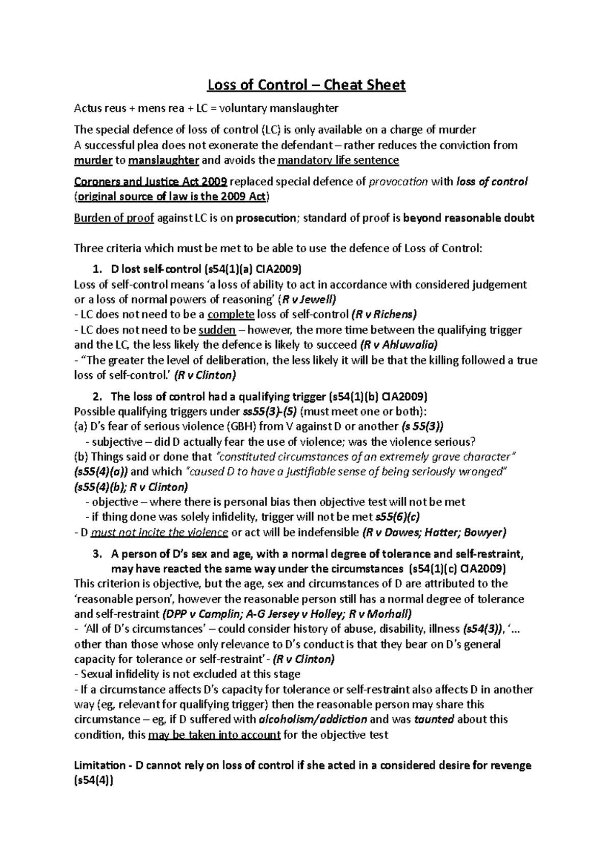 Loss of Control (LC): Key Aspects & Legal Standards Overview - Studocu