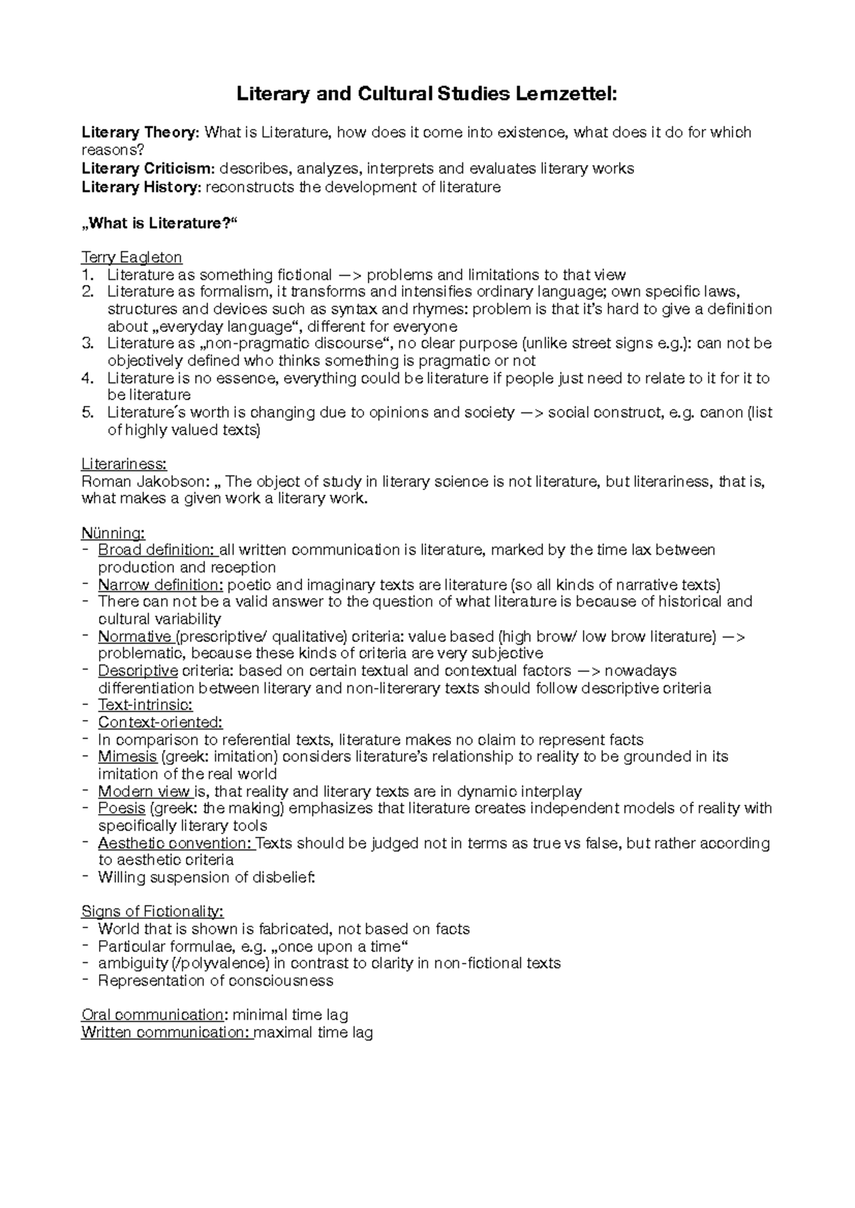 Literary and Cultural Studies Study Guide: Key Concepts and Theories - Document Preview