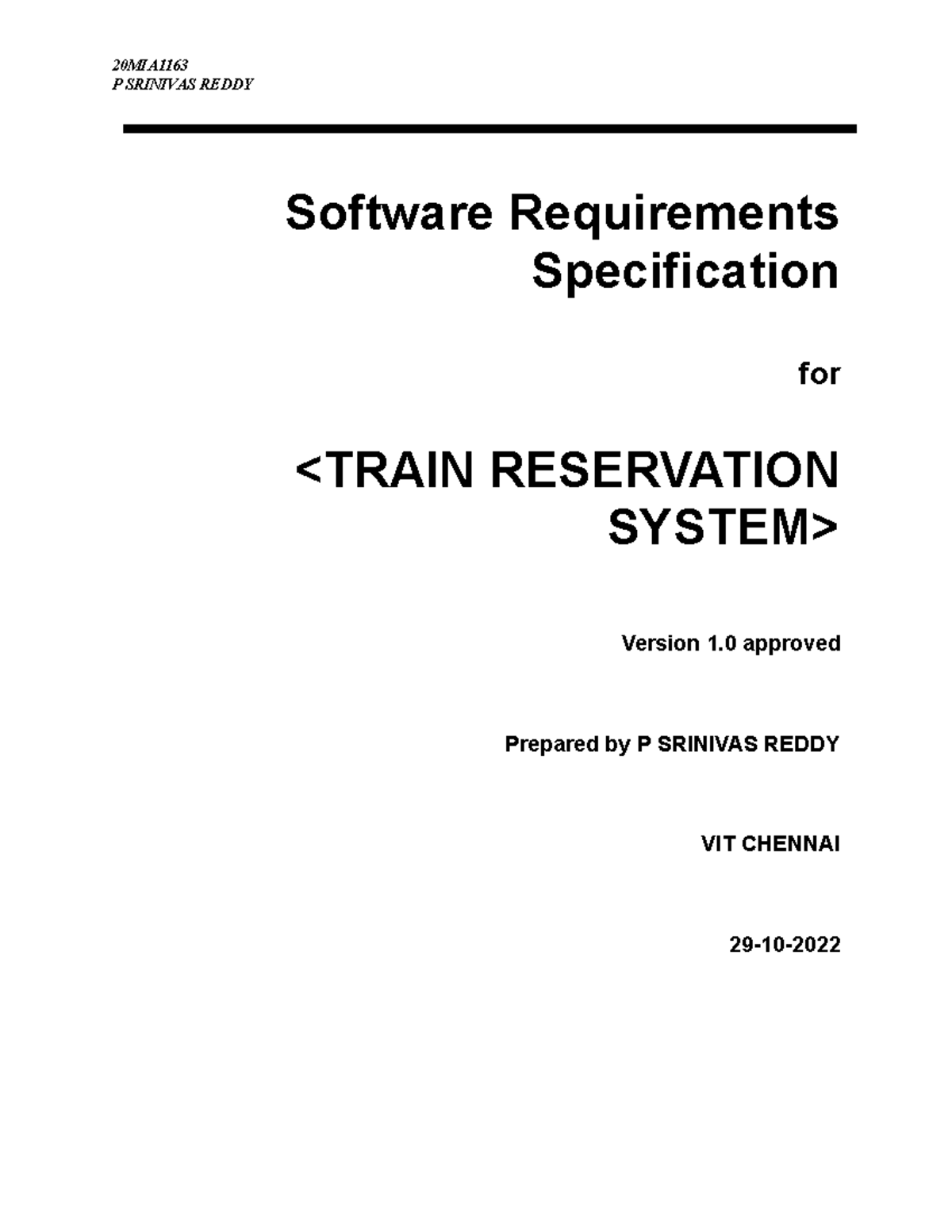 SRS Template for Train Reservation System (20MIA) - Version 1 - Studocu