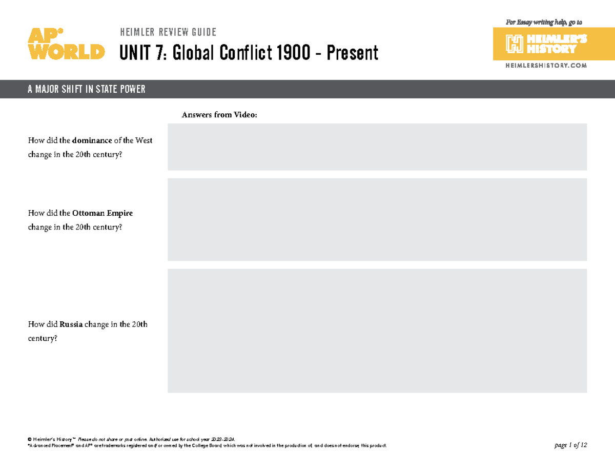 AP World History Review Guide: Unit 7 - Global Conflict 1900-Present ...