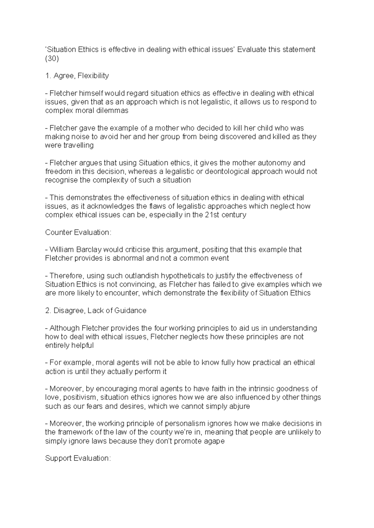 S.E. AO2 Plans: Evaluating the Effectiveness of Situation Ethics - Studocu