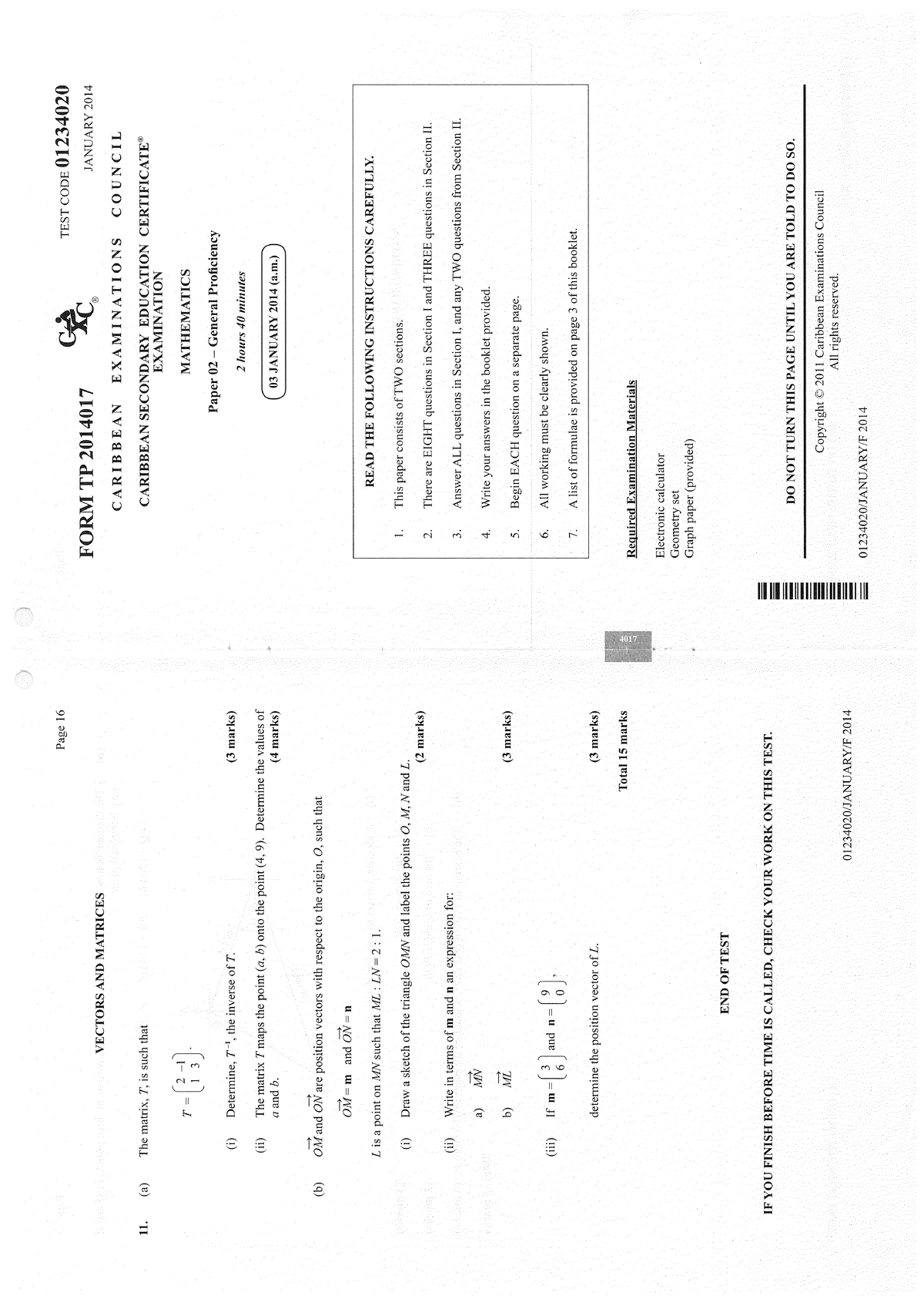 CSEC Mathematics Paper 02 General Proficiency 2014 Exam Code 01234020 ...