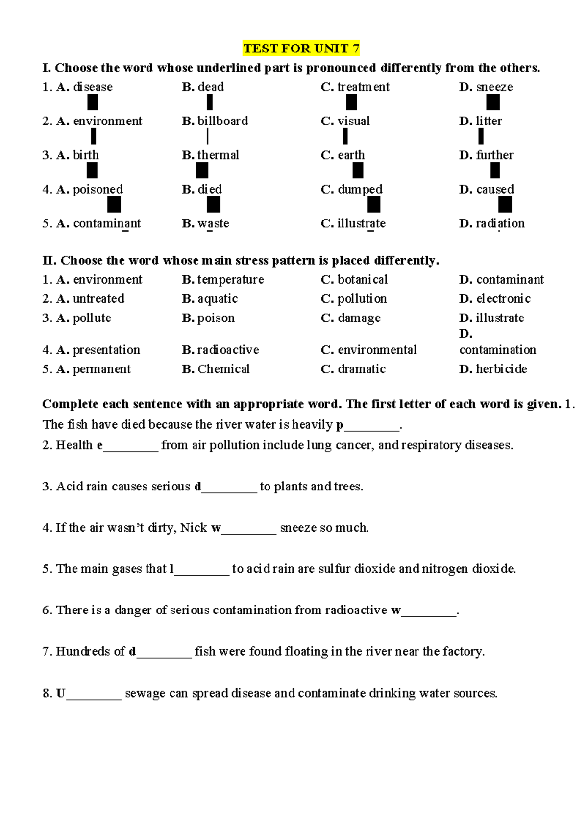 BT ÔN U7 - Unit 7 Test on Environmental Pollution and Health - Studocu