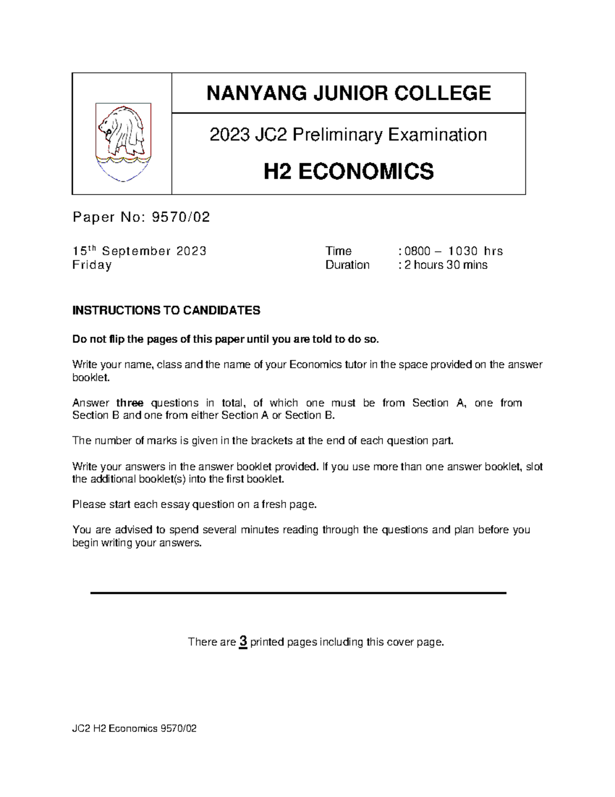 NYJC 2023 JC2 H2 Economics Preliminary Exam Paper 15 - Studocu