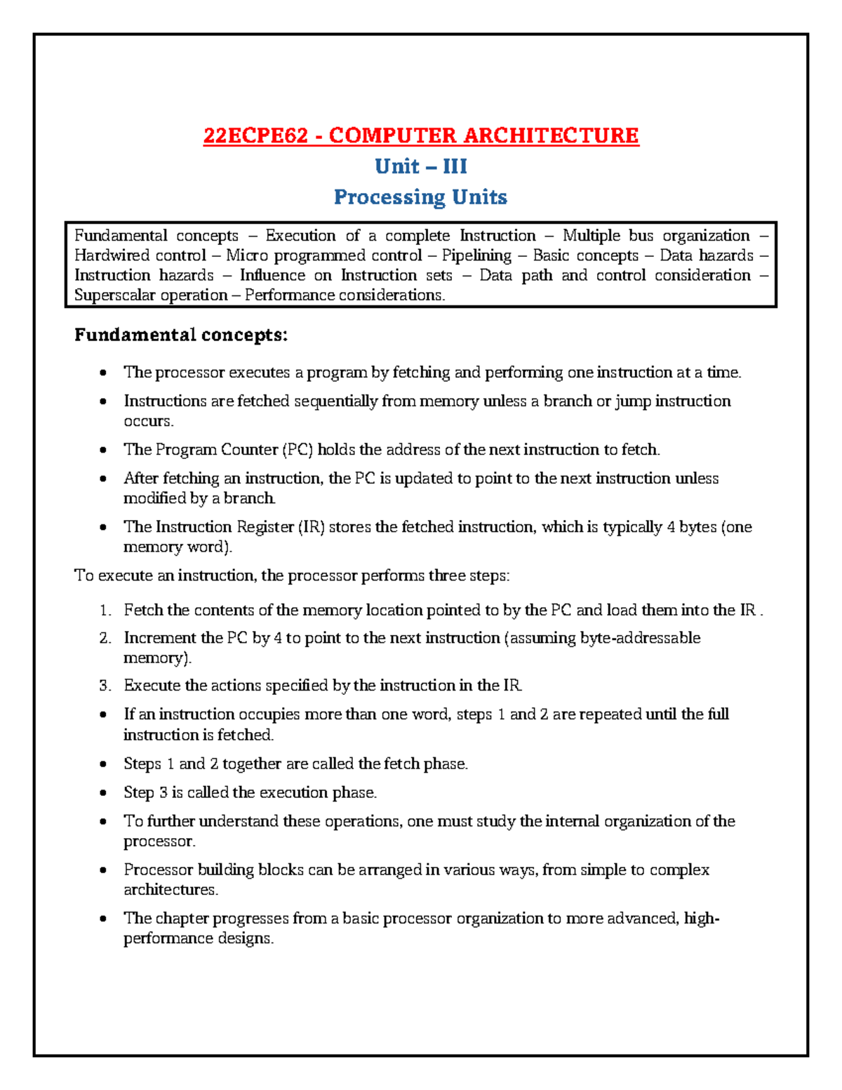 22ECPE62 COMPUTER ARCHITECTURE Unit 3: Processing Units & Instruction ...